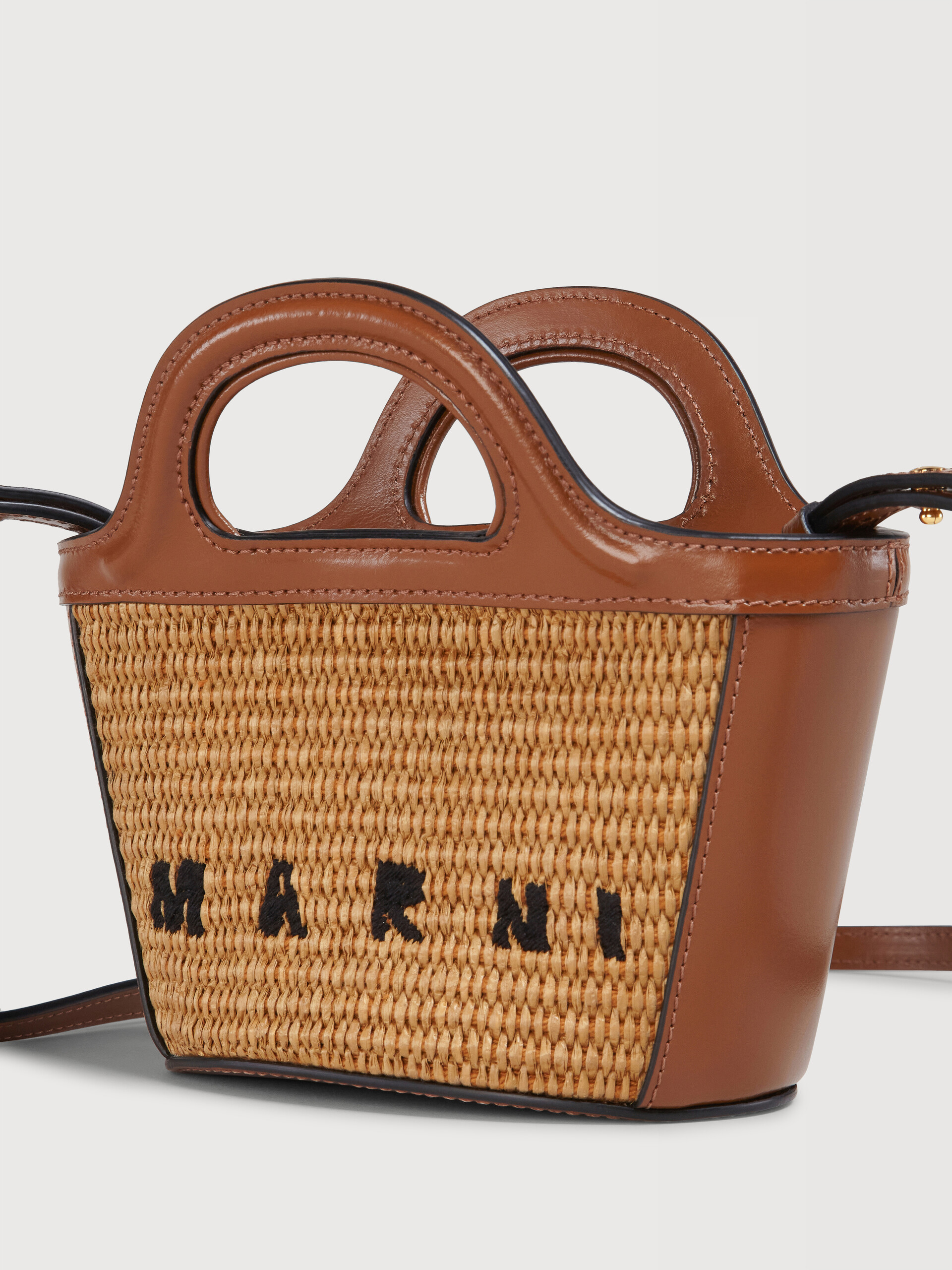 Tropicalia Micro Bag in brown leather and raffia-effect fabric - Handbags - Image 4