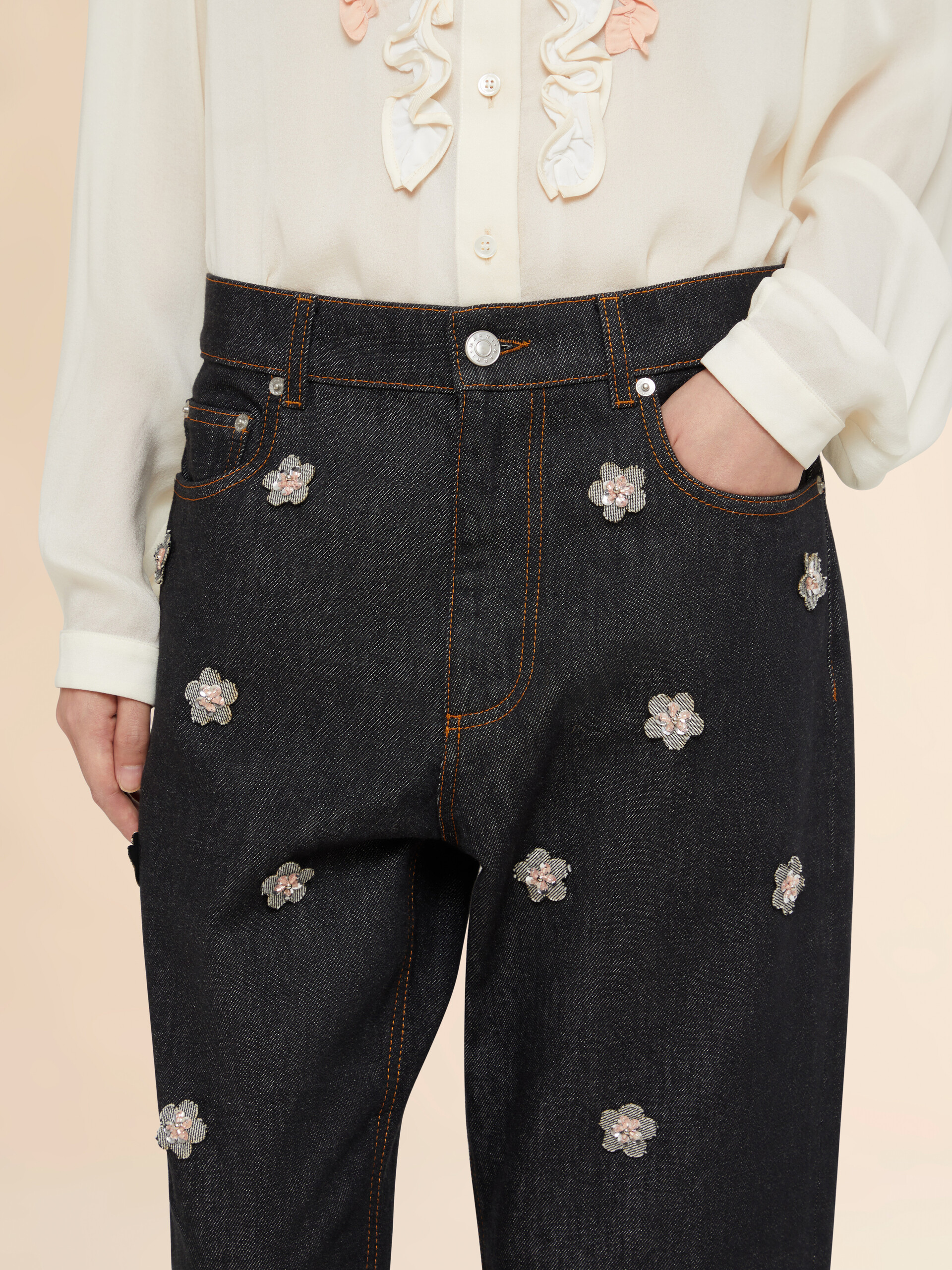 Black denim jeans with daisy appliqués - Pants - Image 5