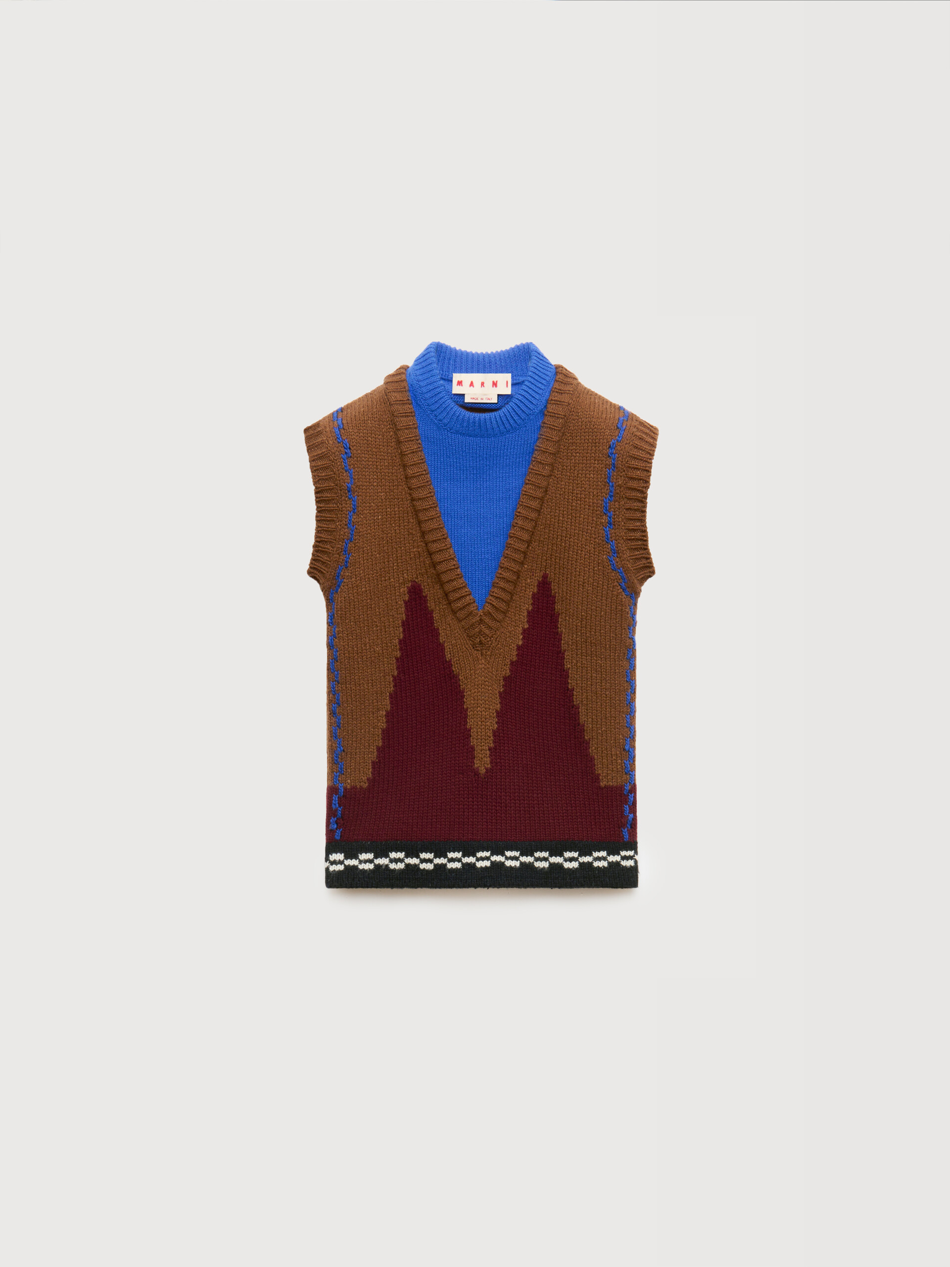 Brown wool layered vest with M intarsia - Pullovers - Image 1