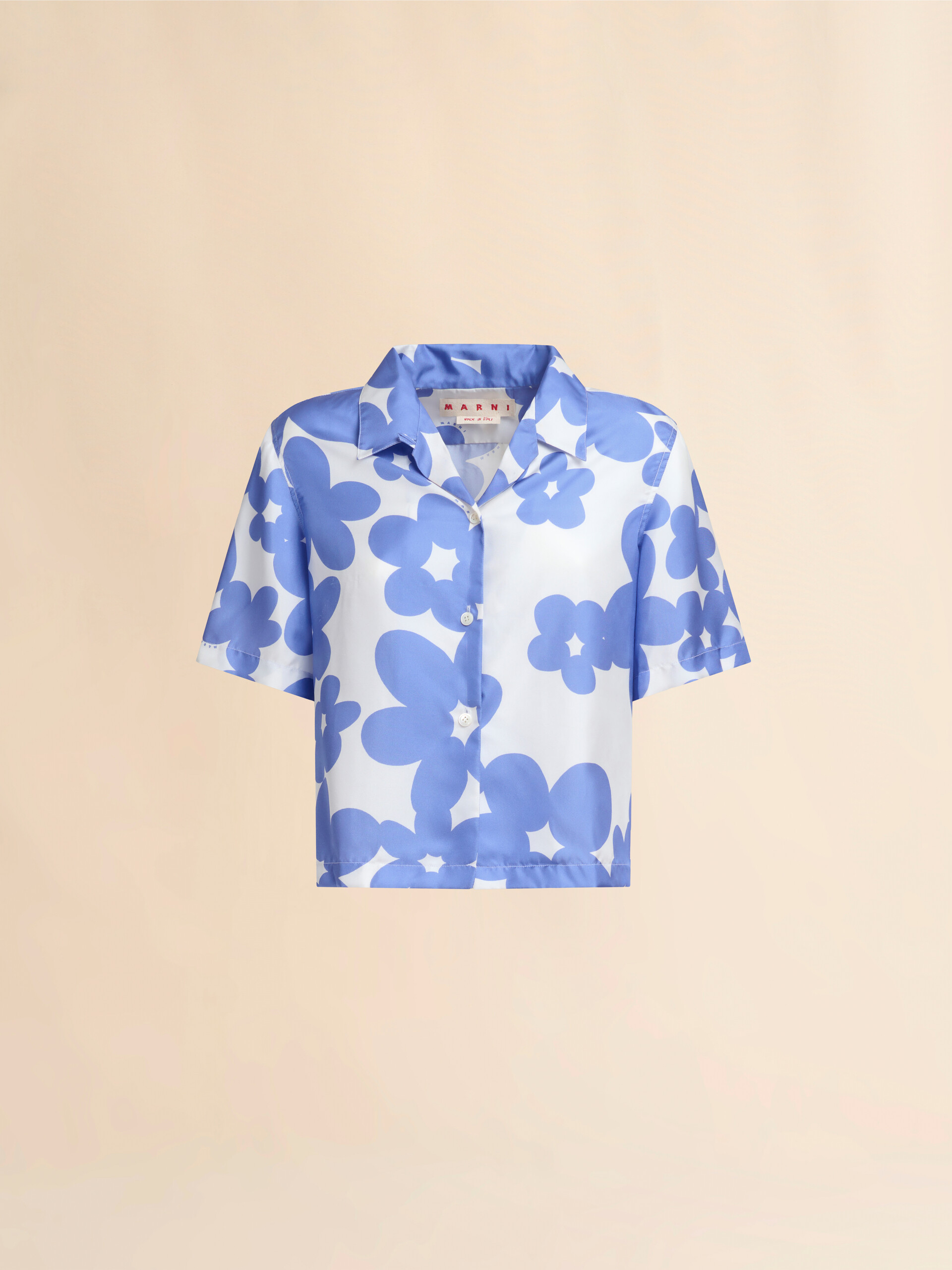 Chemise bowling en soie avec imprimé Dillies blanc et bleu - Chemises - Image 1