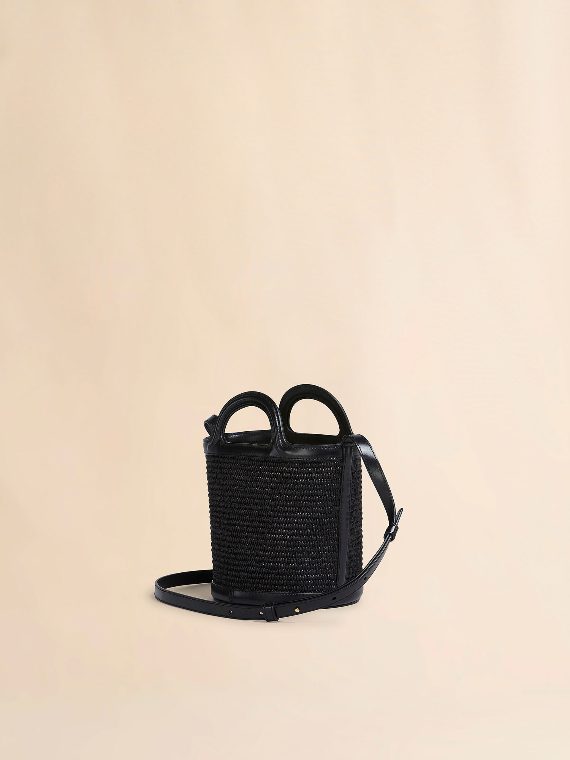Tropicalia Small Bucket Bag in brown leather and raffia-effect fabric - Shoulder Bags - Image 3