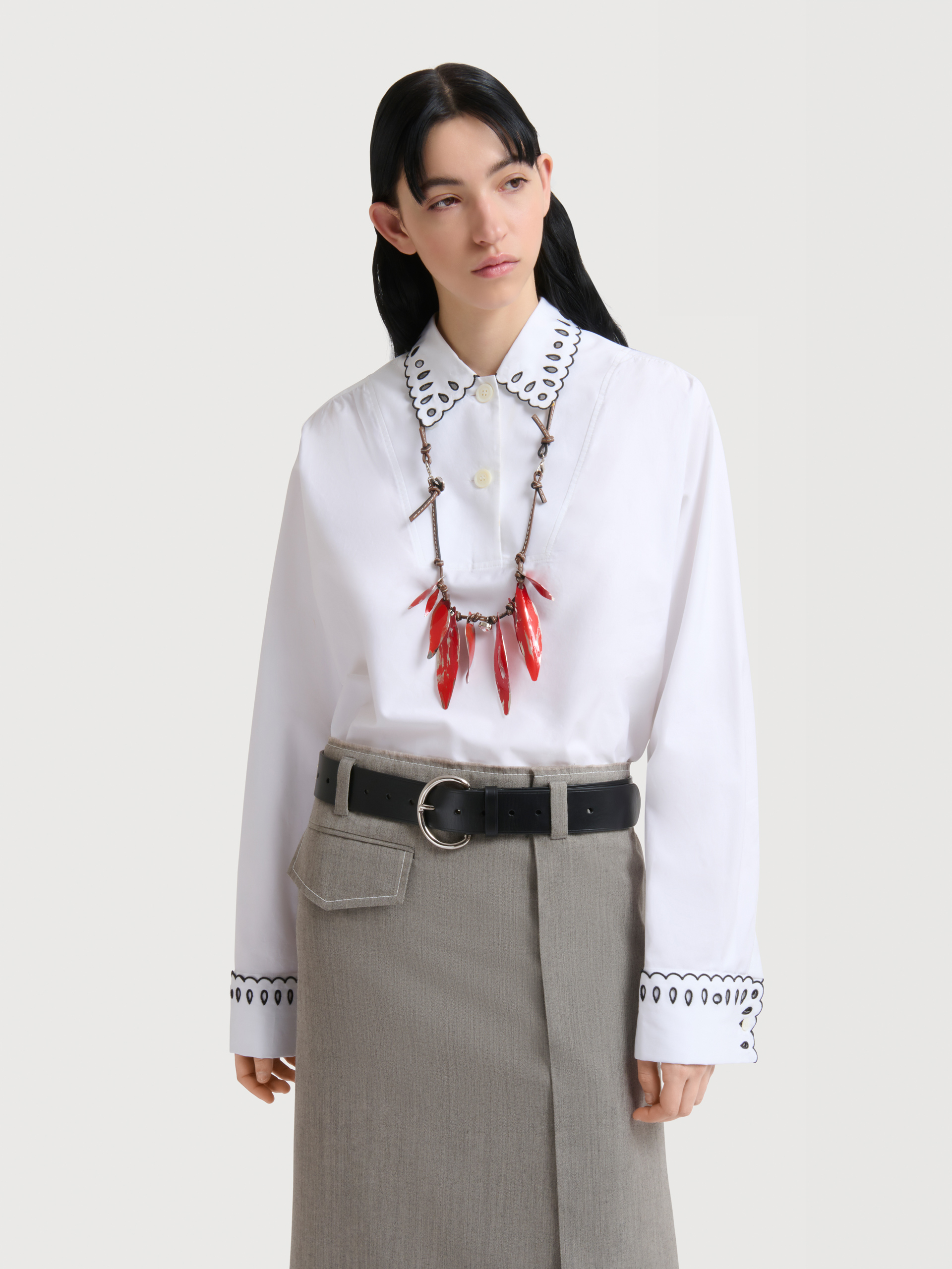 Black poplin half-button shirt with broderie anglaise - Shirts - Image 2