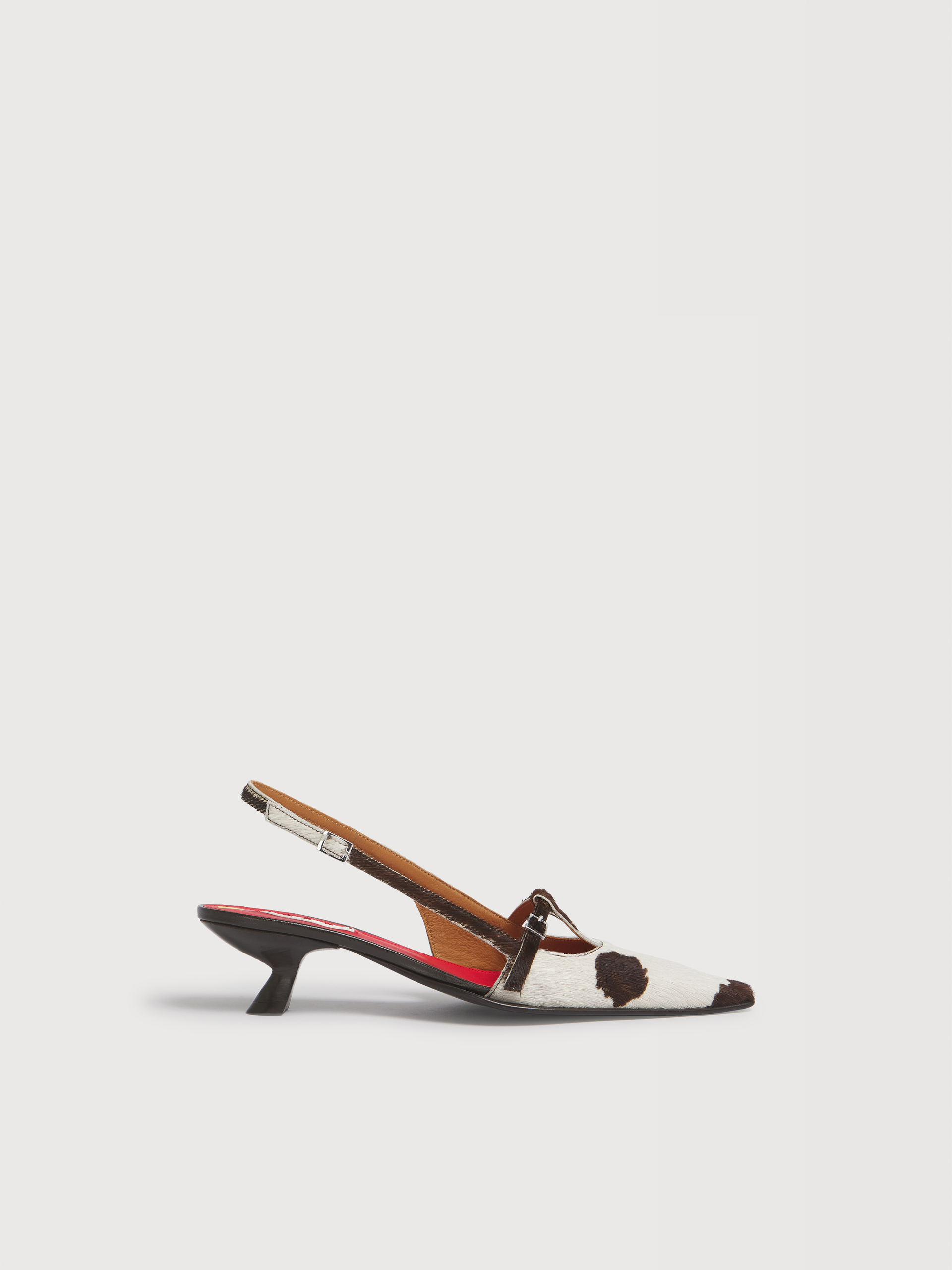 White and brown cow-print ponyhair T-bar slingback - Pumps - Image 1