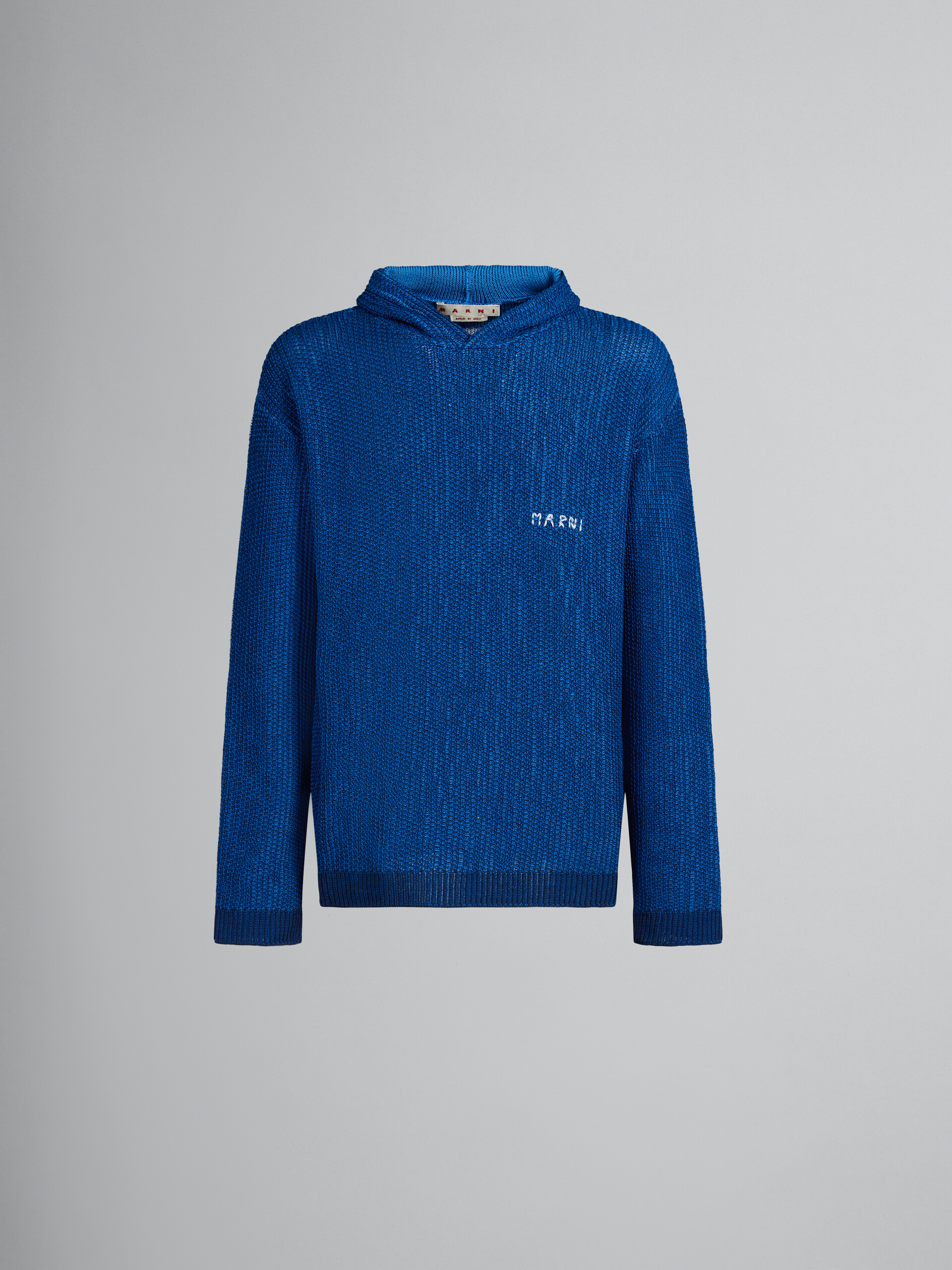 Blue knitted cotton hoodie with circle inlay - Pullovers - Image 1