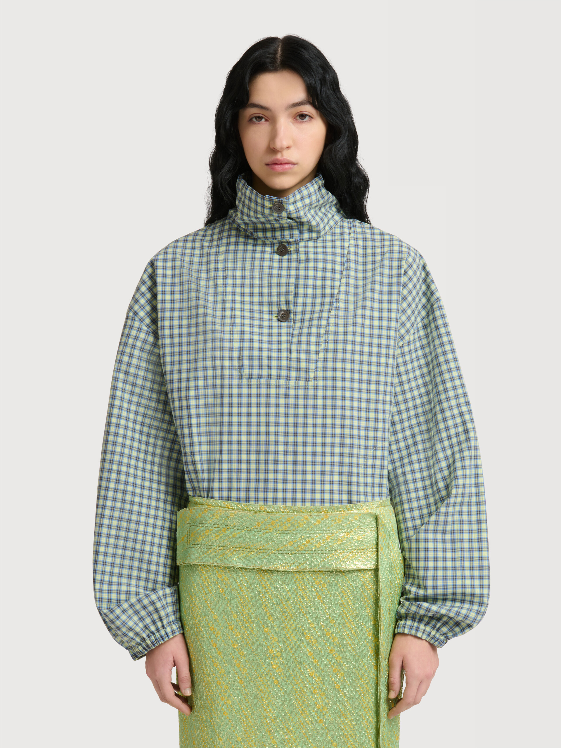 Green checked poplin blouse with high neck - Shirts - Image 2