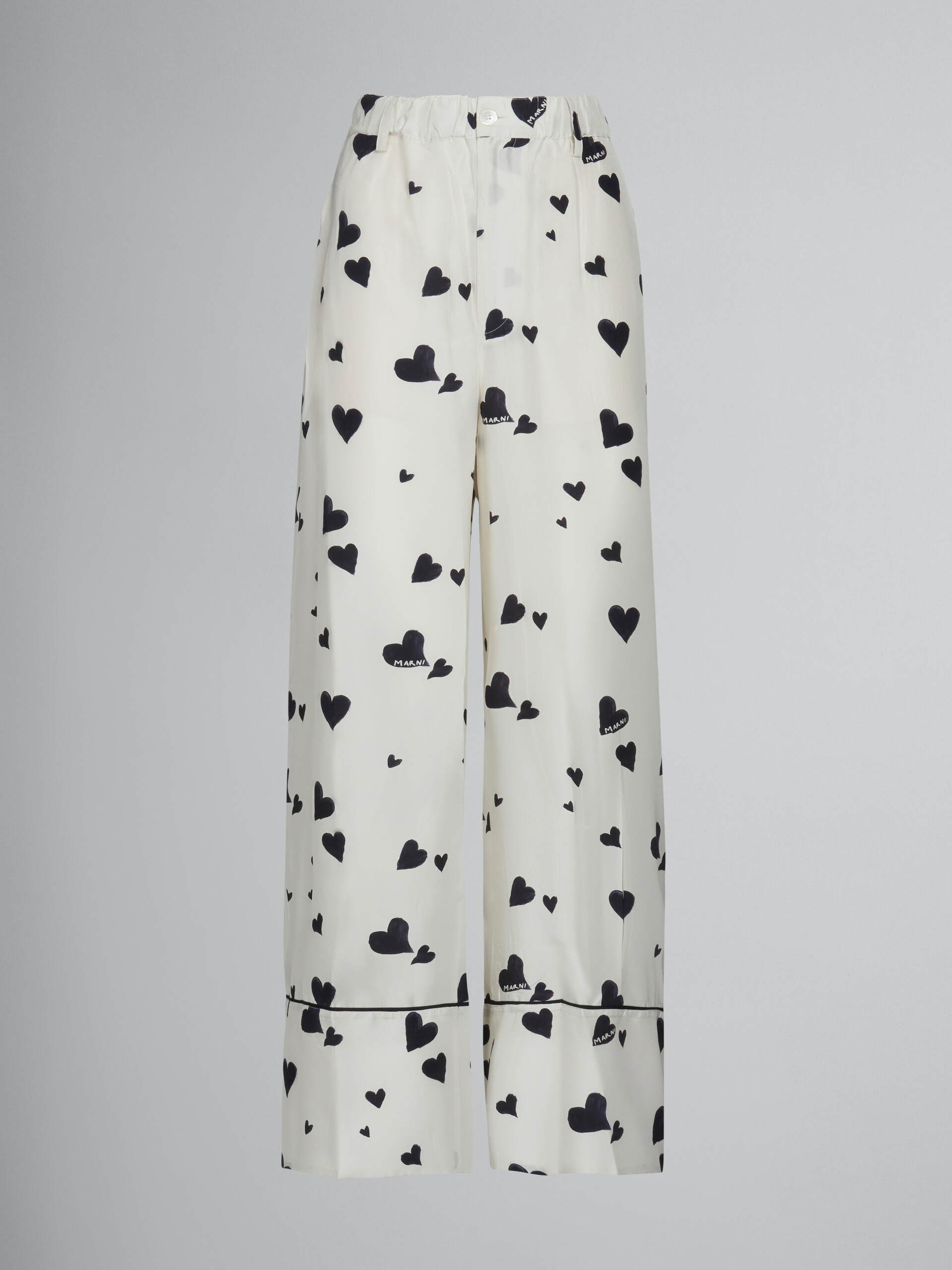 White silk pyjama trousers with Bunch of Hearts print - Pants - Image 1