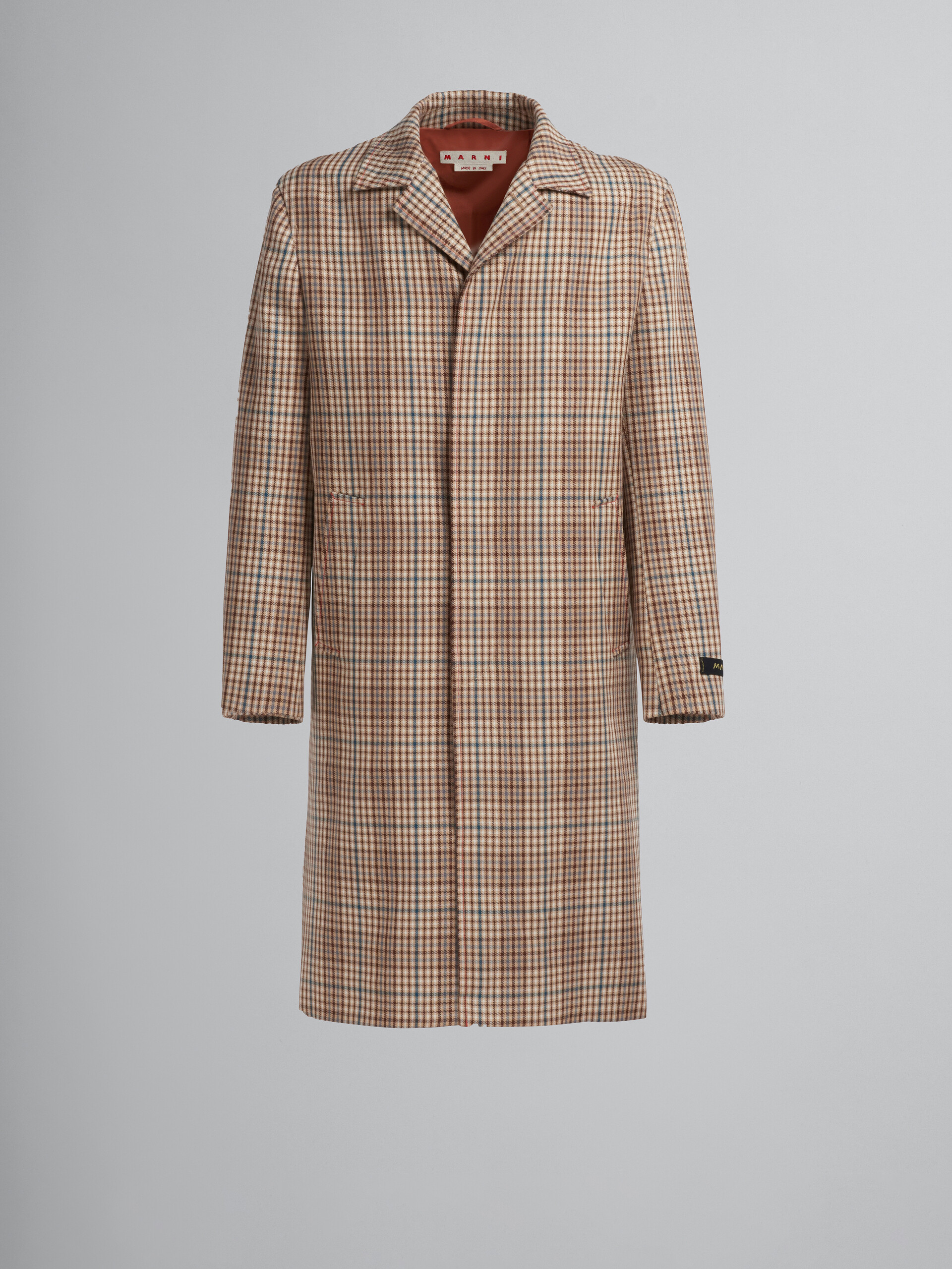 Long coat in beige chequered wool - Coat - Image 1