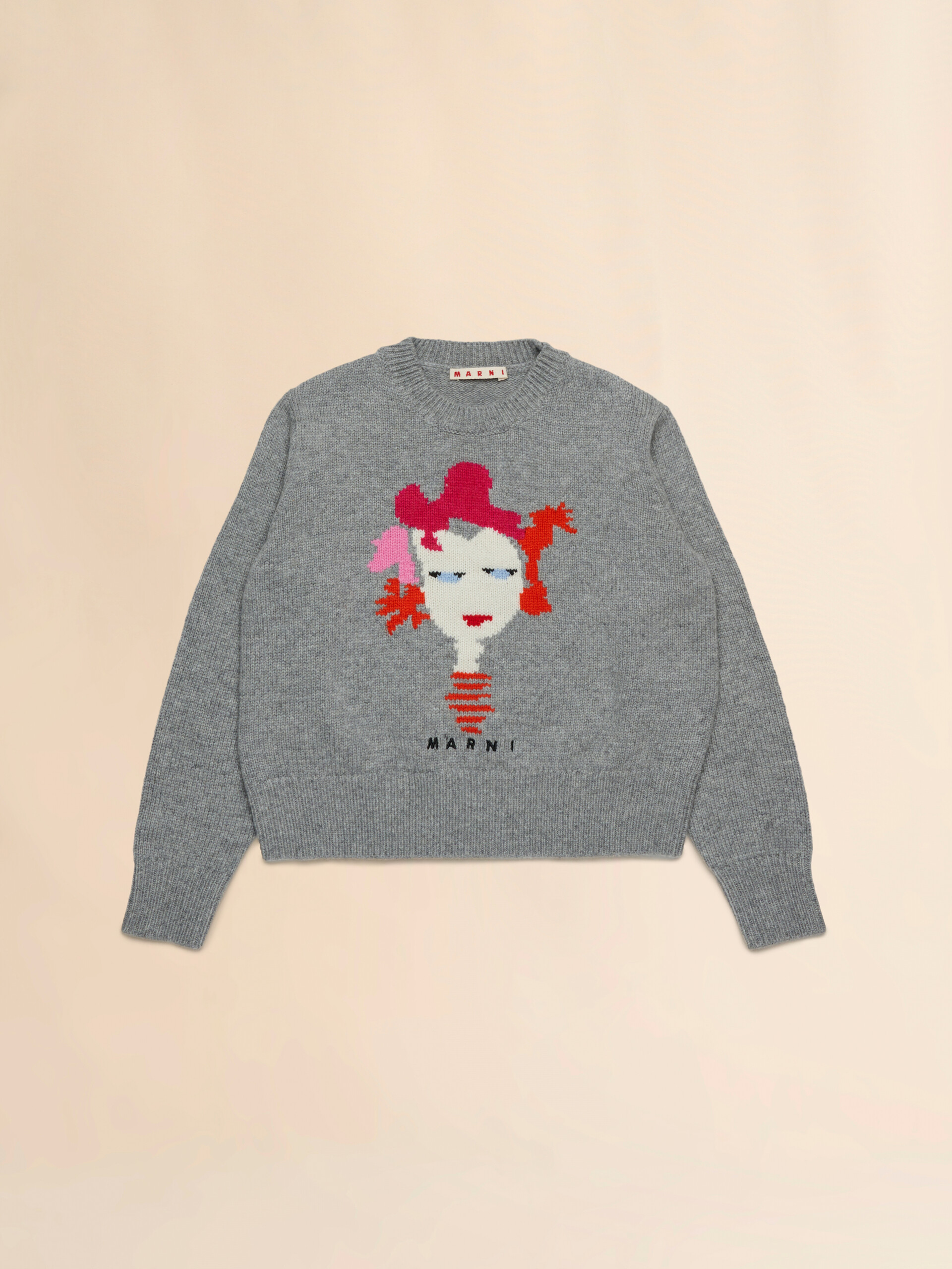 Grey melange wool-nylon jumper with intarsia lady - Knitwear - Image 1