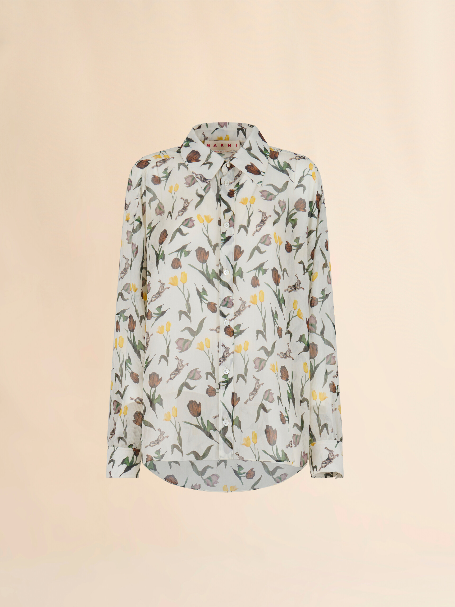 Cream chiffon shirt with Tulips and Hares print - Shirts - Image 1