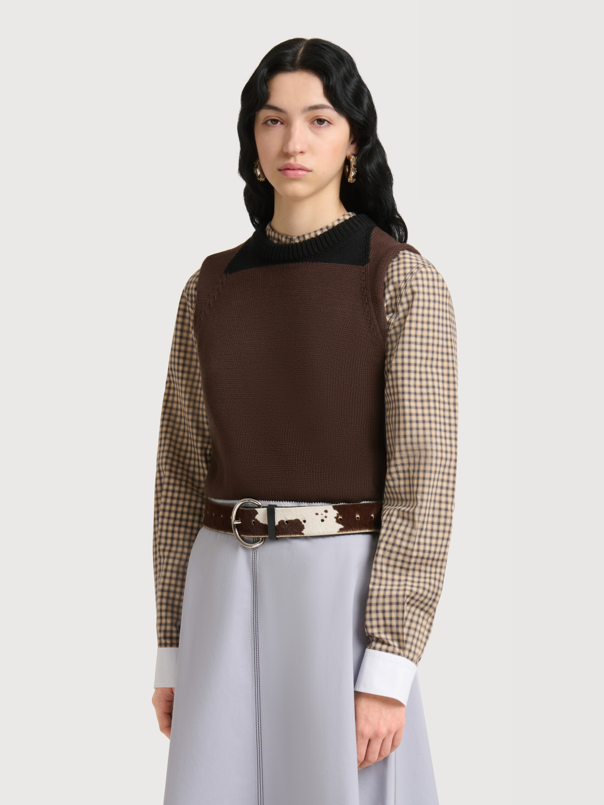 Brown cotton vest with contrast neck - Pullovers - Image 3