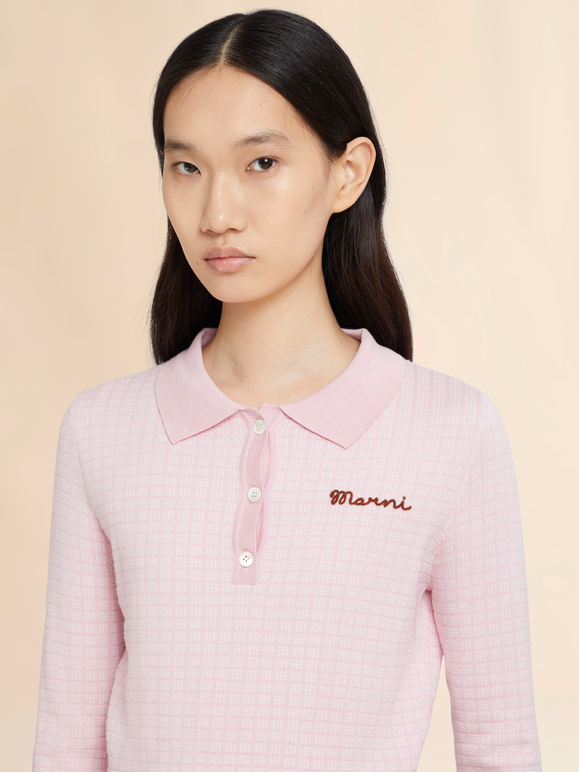 Pink wool-silk polo shirt with jacquard check - Shirts - Image 4