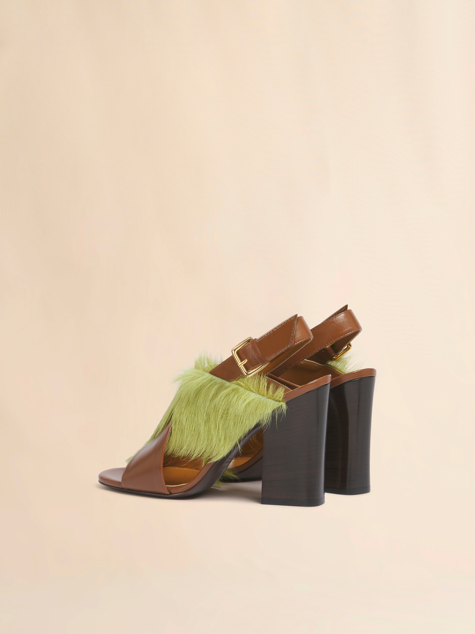 Brown and green leather and long-hair criss-cross sandal - Sandals - Image 3