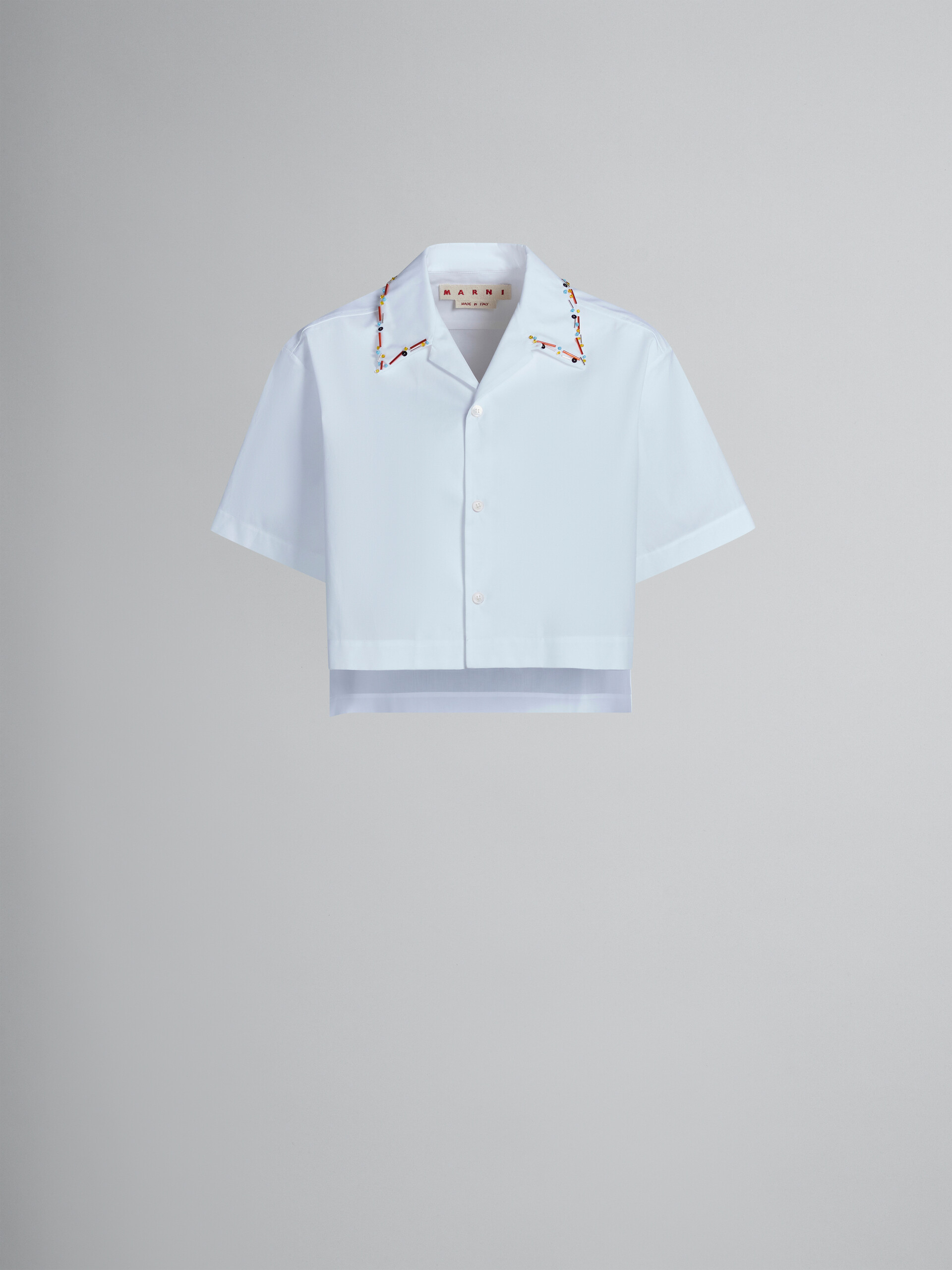 White bio cotton cropped bowling shirt with beads - Shirts - Image 1