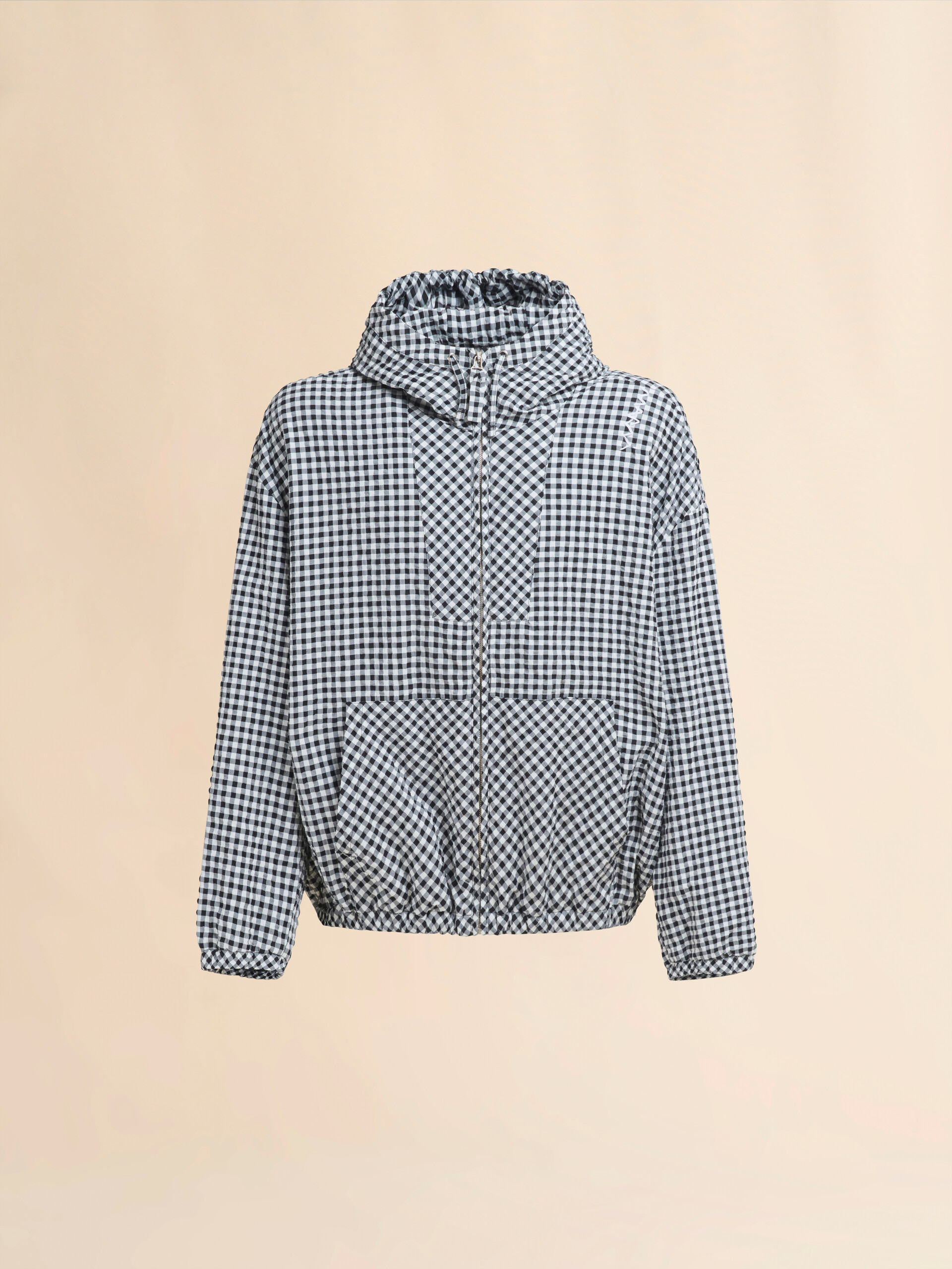 ブラック ホワイト チェック柄シアサッカーフード付きジャケット - ジャケット - Image 1