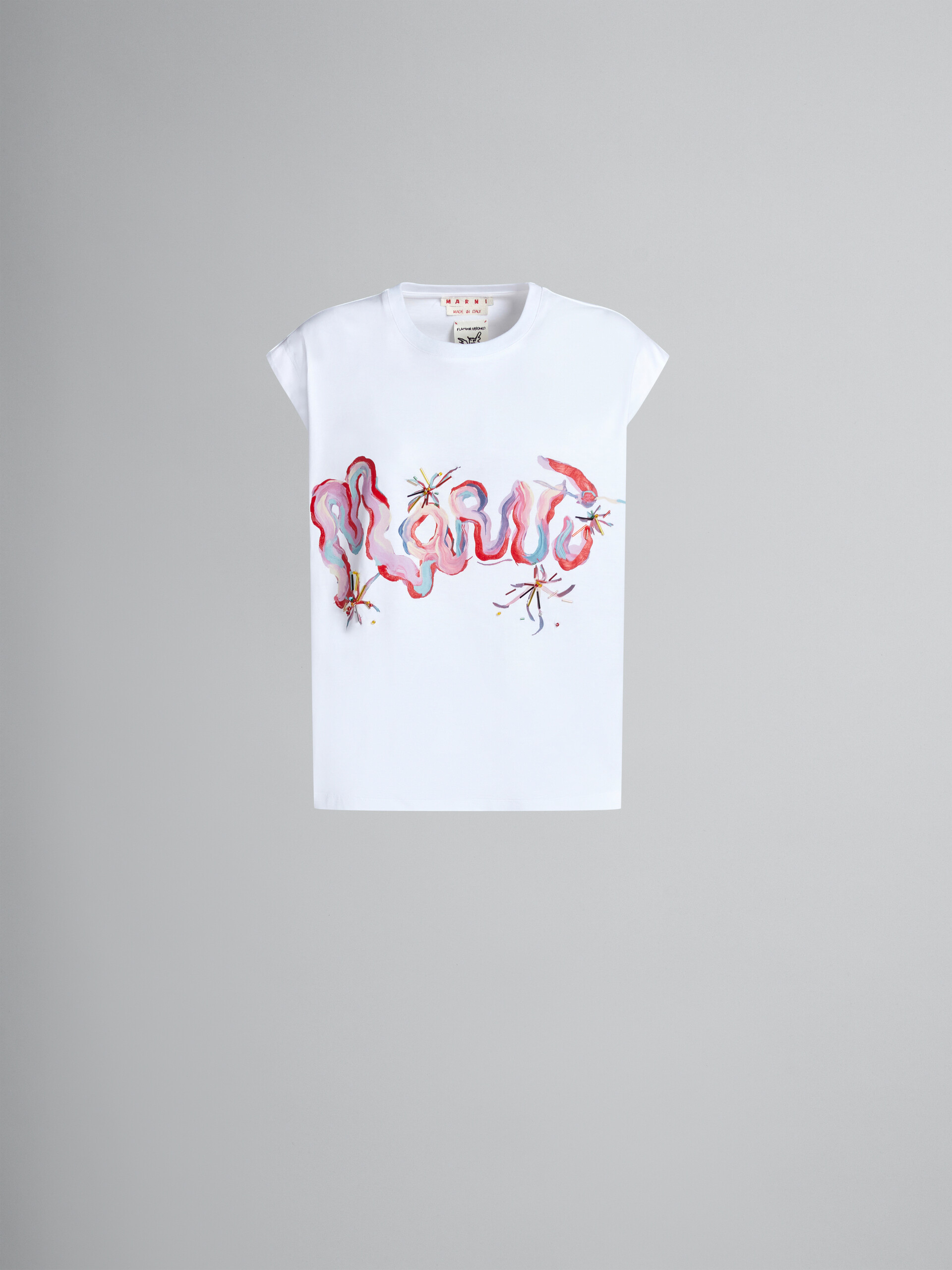 White sleeveless jersey T-shirt with Marni Whirl print - T-shirts - Image 1