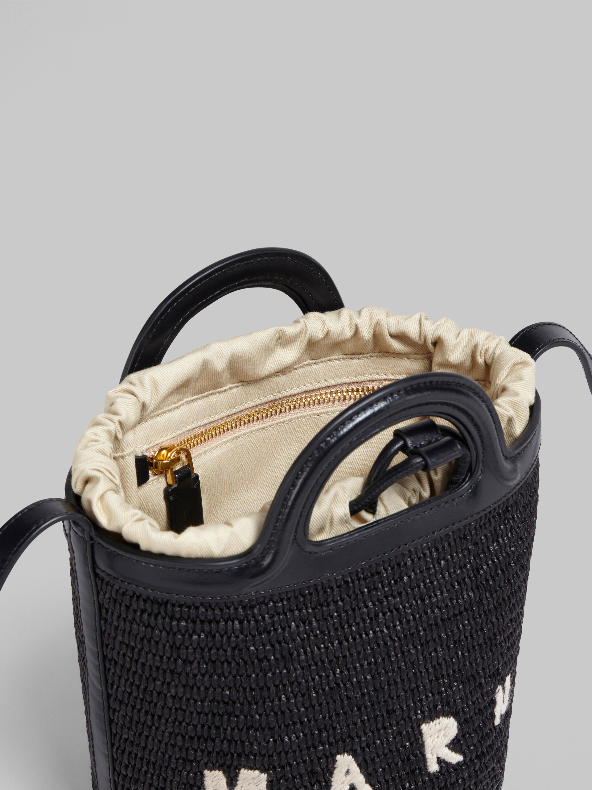 Tropicalia Small Bucket Bag in black leather and raffia - Shoulder Bag - Image 3
