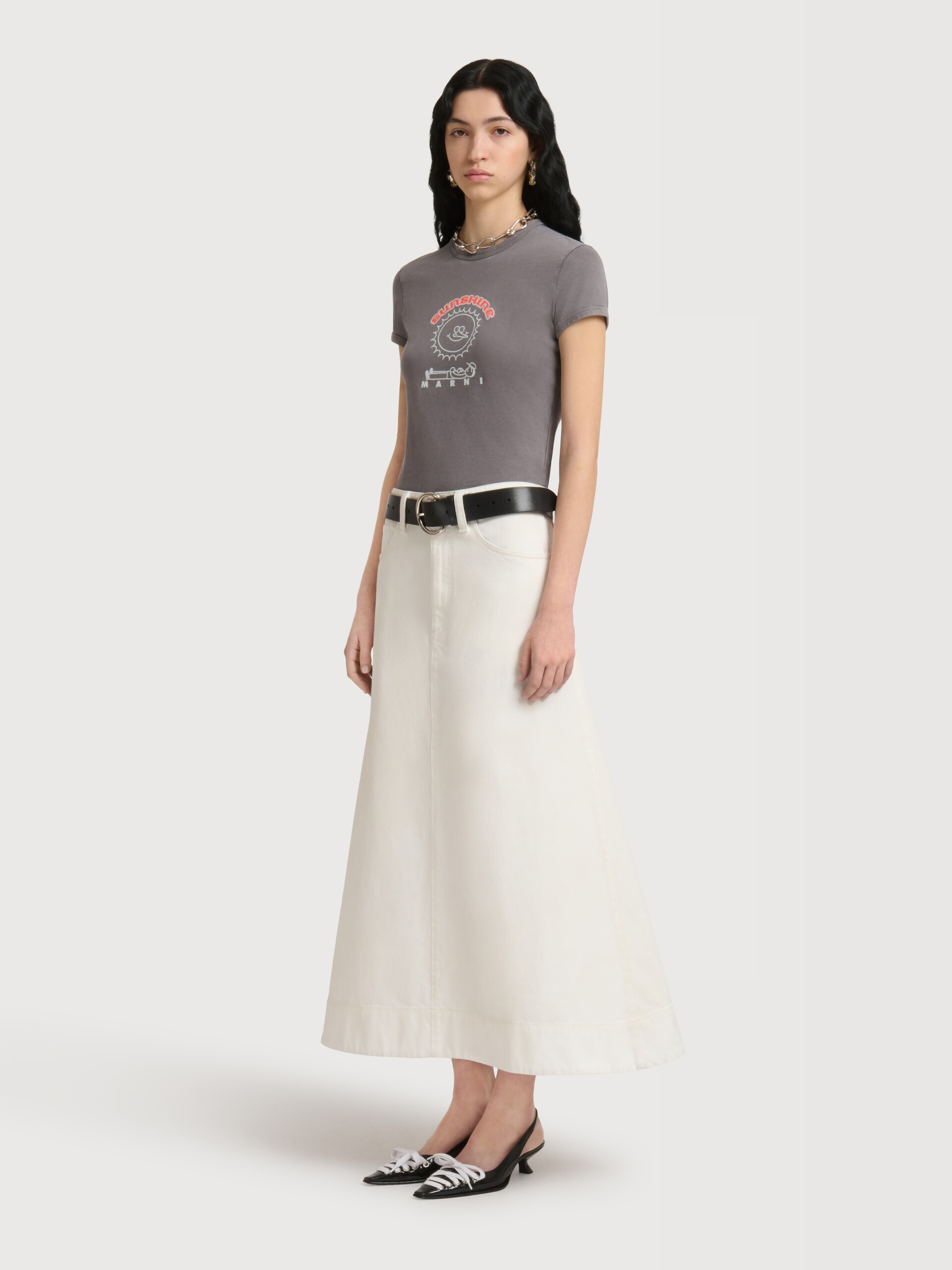 White denim flared midi skirt - Skirts - Image 3