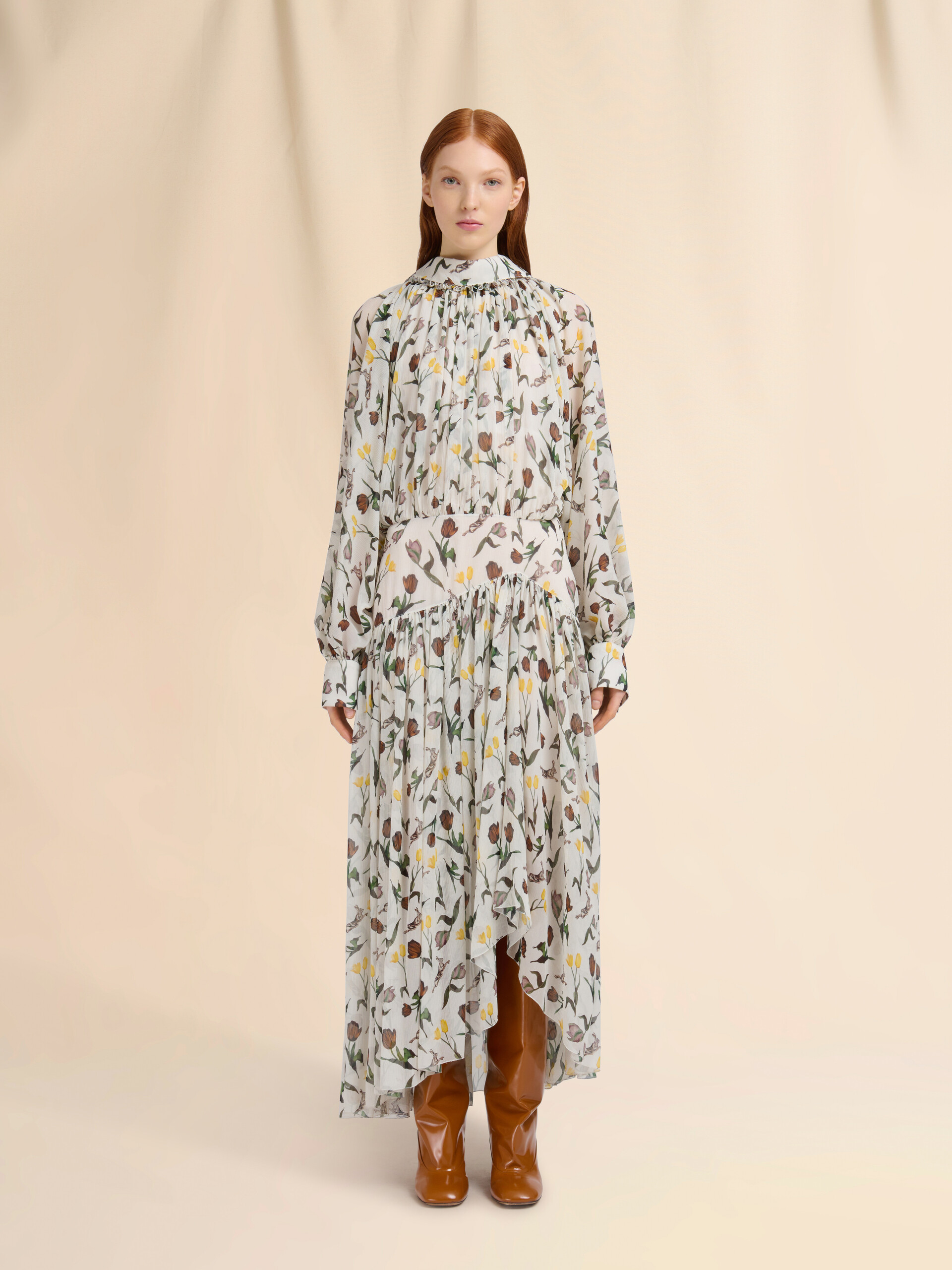 Cream chiffon dress with Tulips and Hares print - Dresses - Image 2