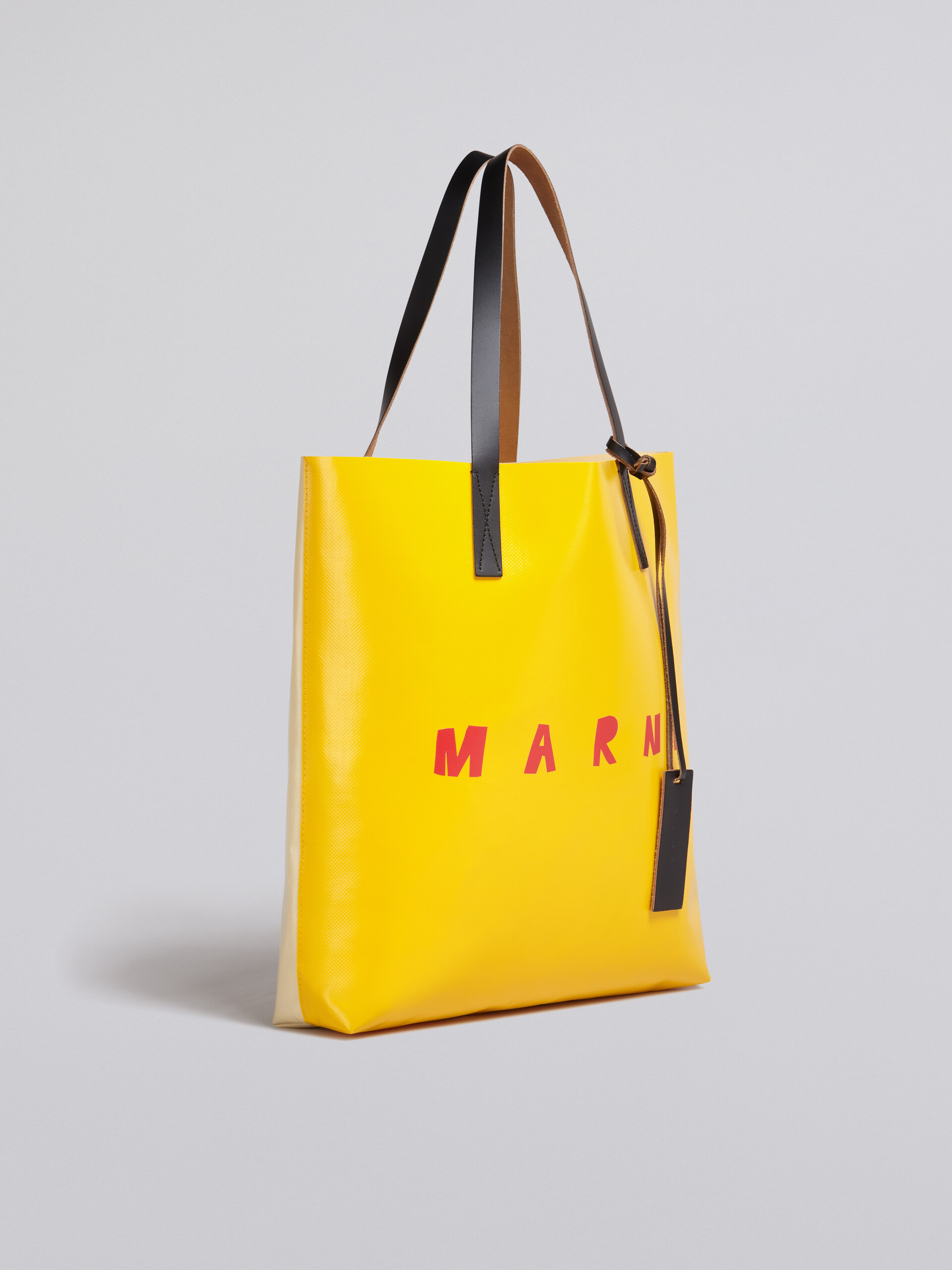 Borsa shopping in PVC con manici in pelle e logo Marni gialla e beige - Borse shopping - Image 5