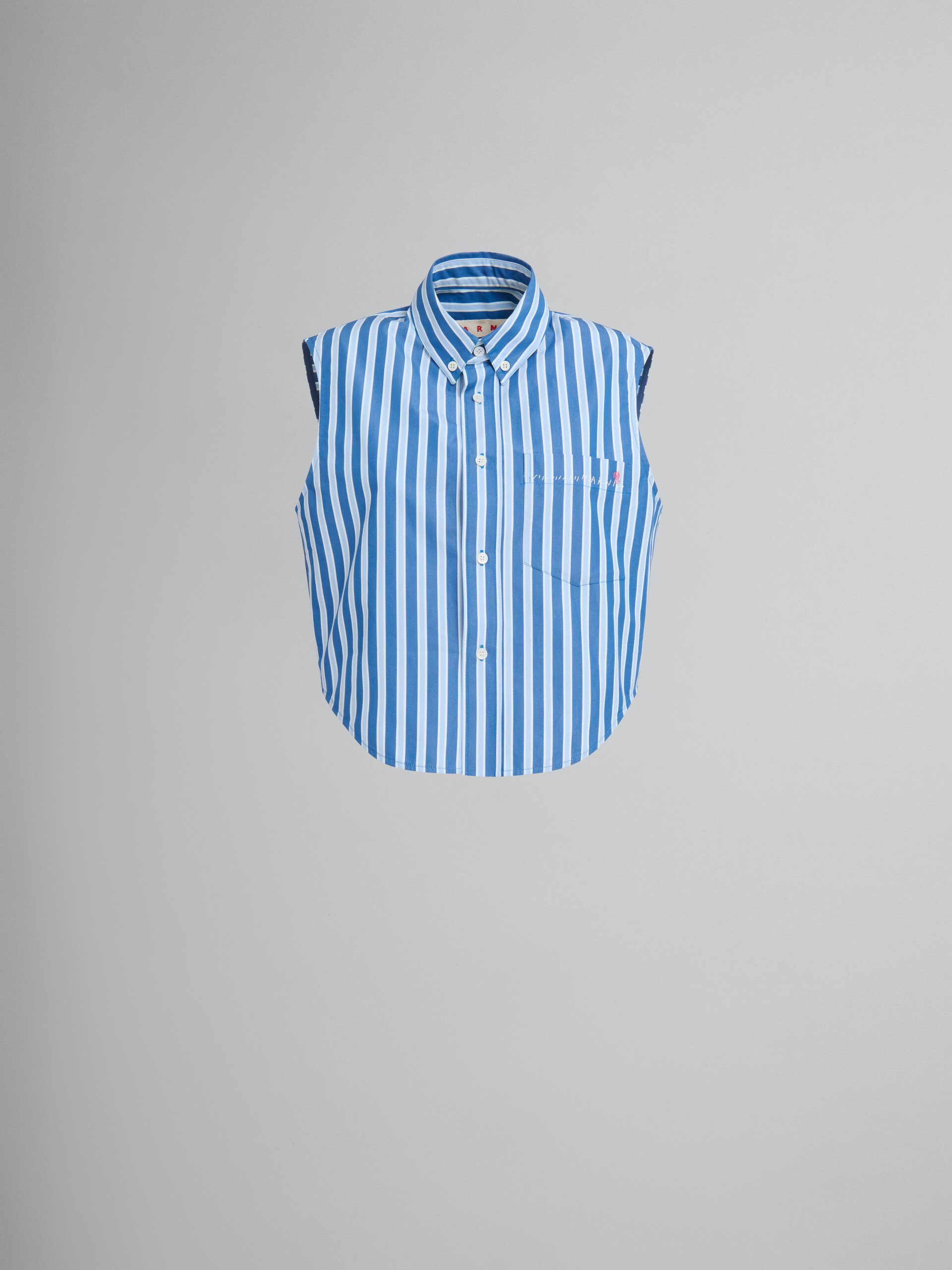 Blue and white striped organic poplin sleeveless shirt - Shirts - Image 1