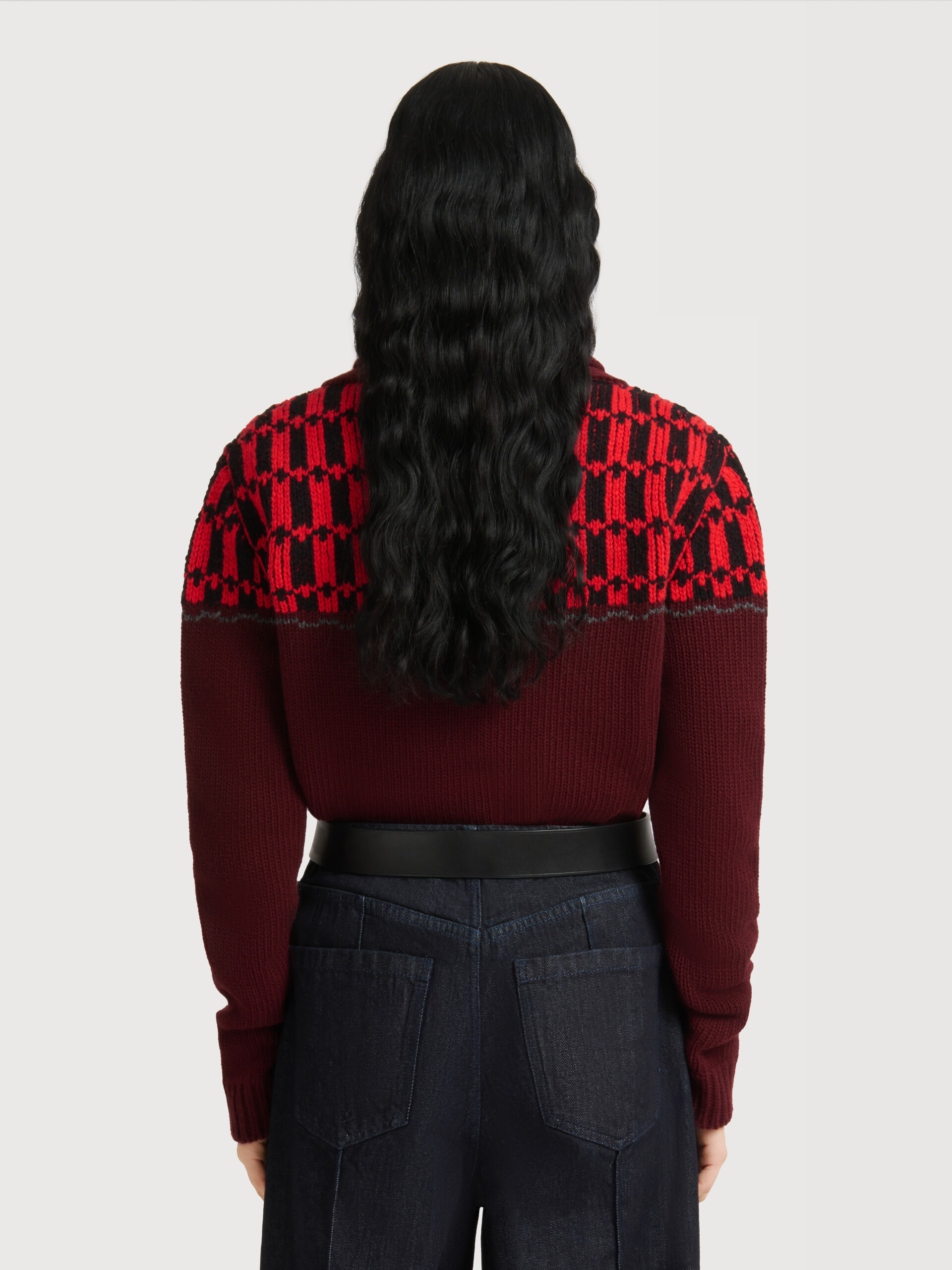 Grey wool cardigan with geometric motif - Pullovers - Image 4
