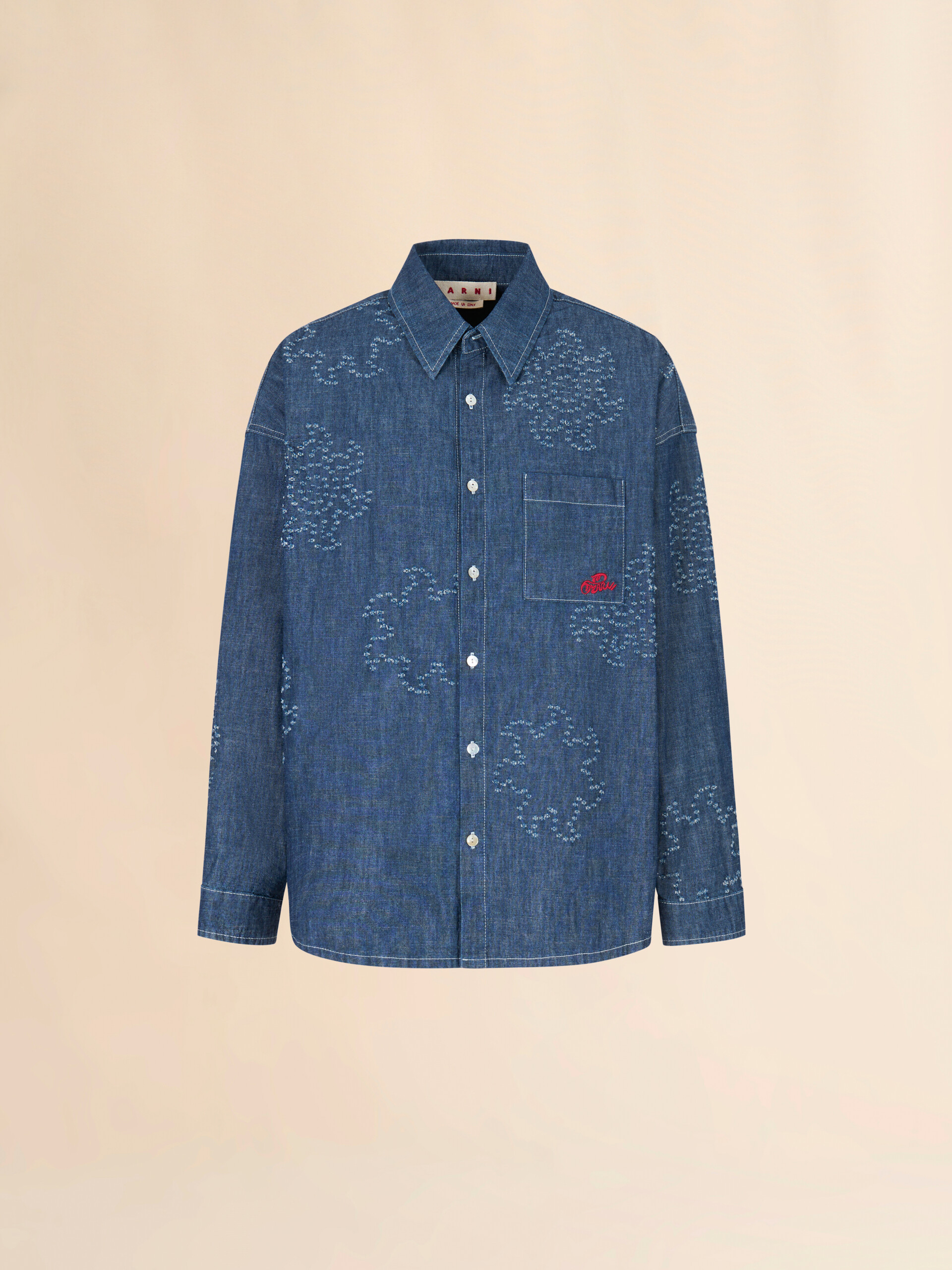 Blue chambray oversized shirt with frayed sun motif - Shirts - Image 1