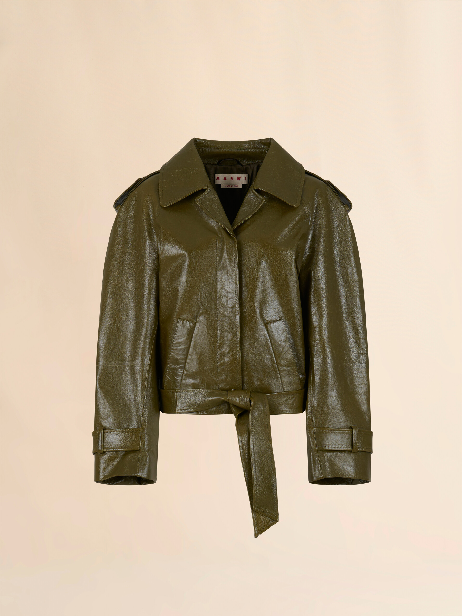 Deep green leather short trench coat - Jackets - Image 1