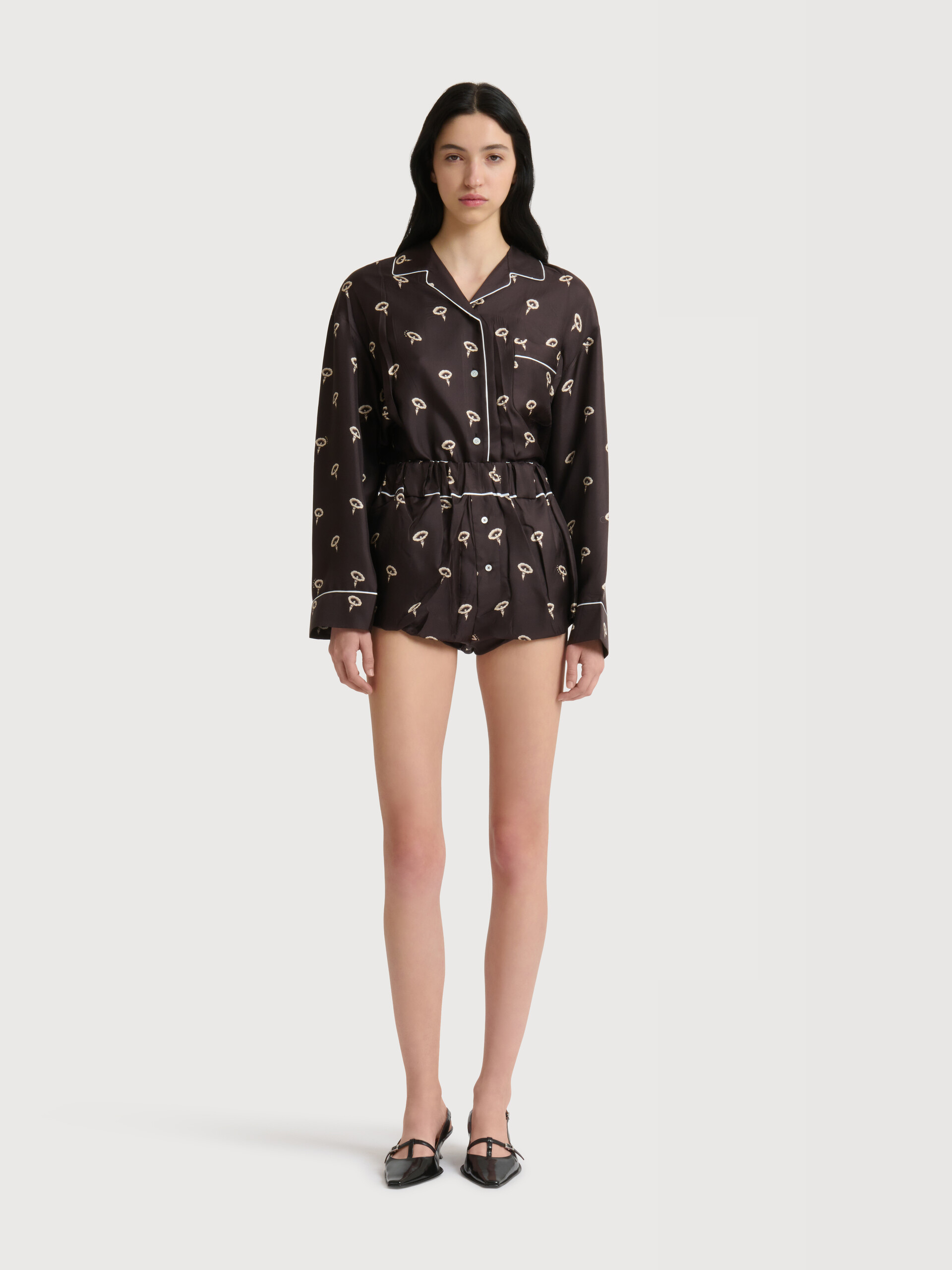 Brown silk twill bloomers with floral print - Pants - Image 2