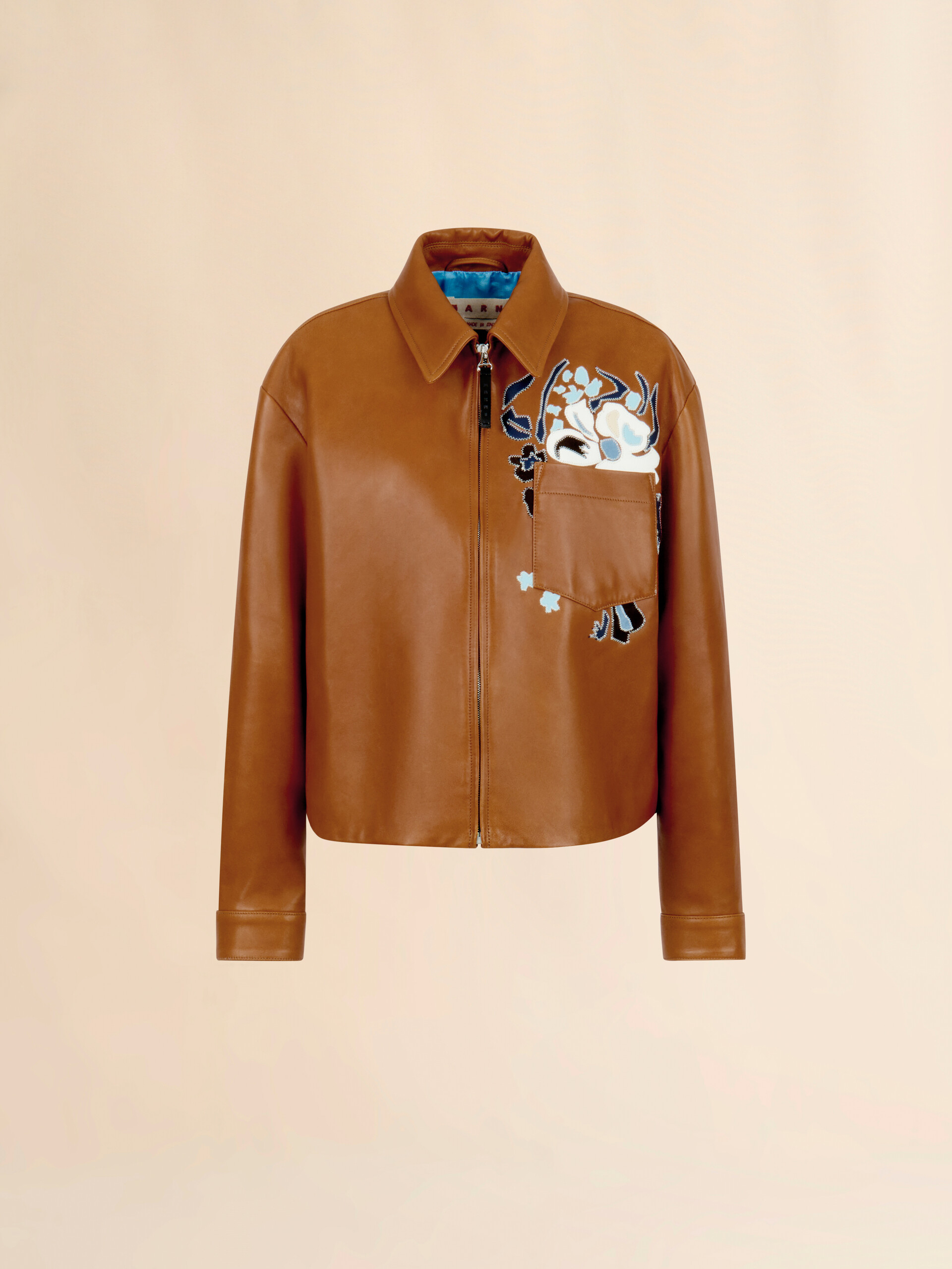 Brown leather overshirt with flower intarsia - Shirts - Image 1