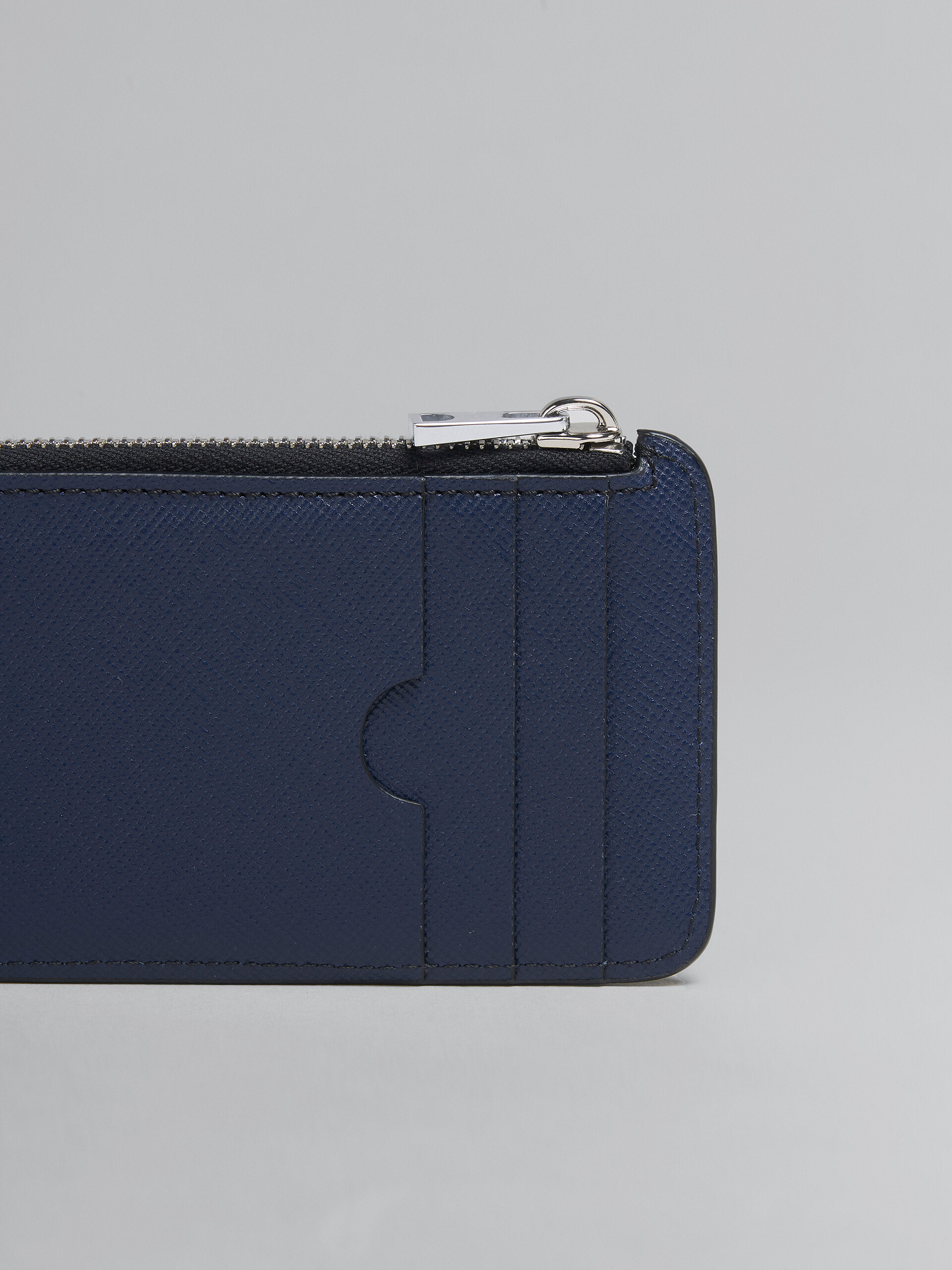 Grey and blue saffiano leather zip-around card case