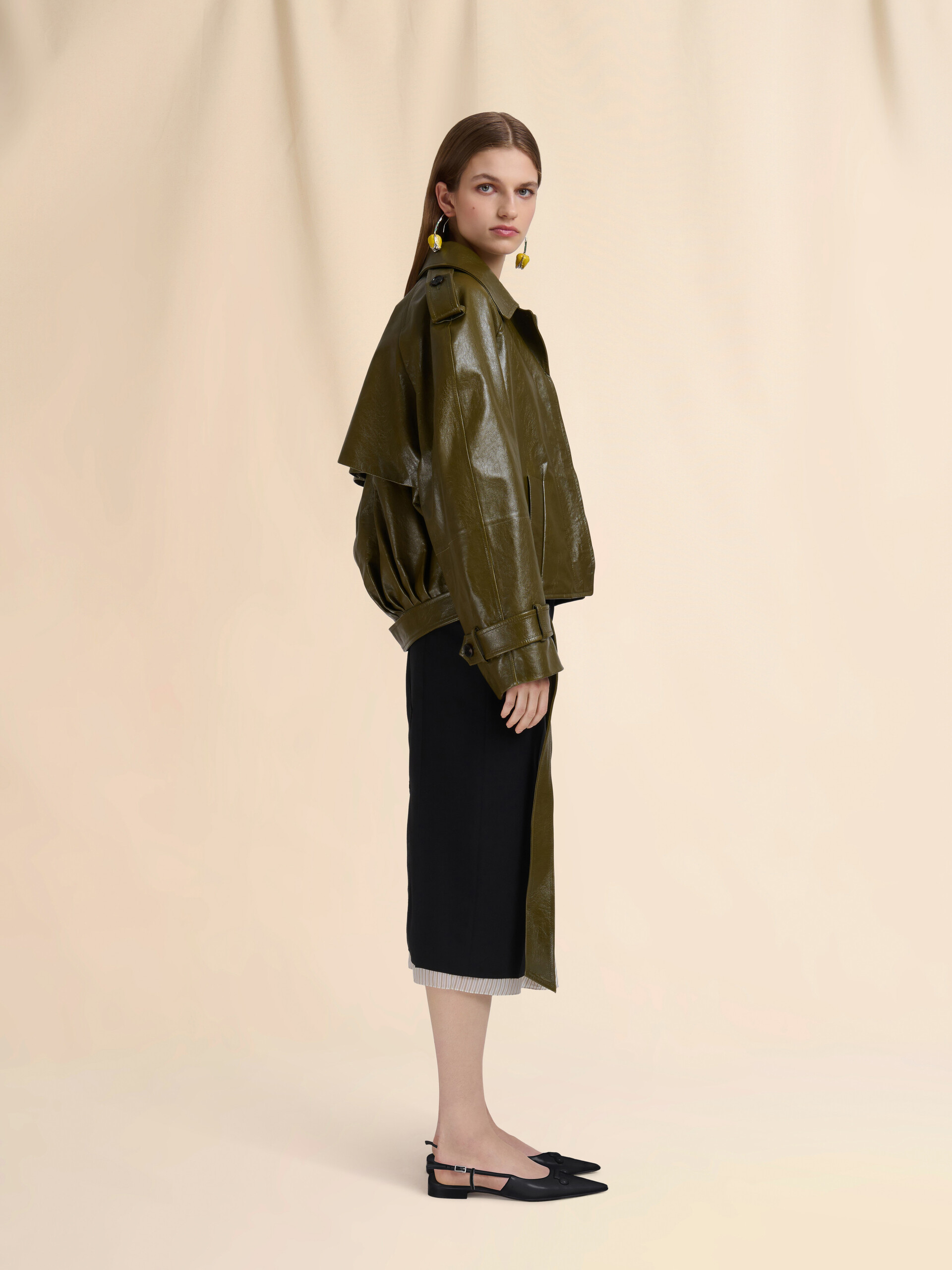 Deep green leather short trench coat - Jackets - Image 6