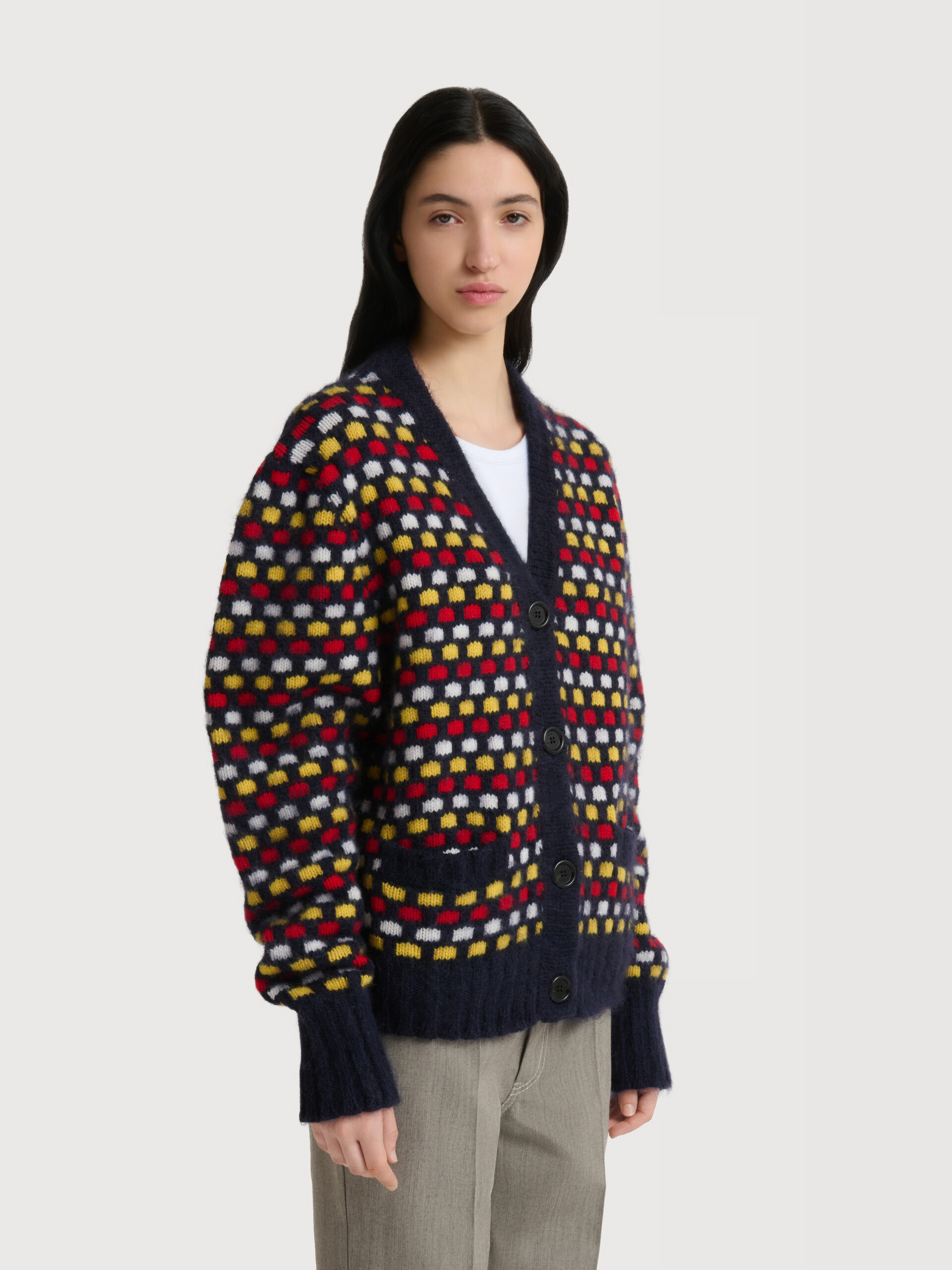 Red and blue jacquard Shetland wool cardigan - Pullovers - Image 3