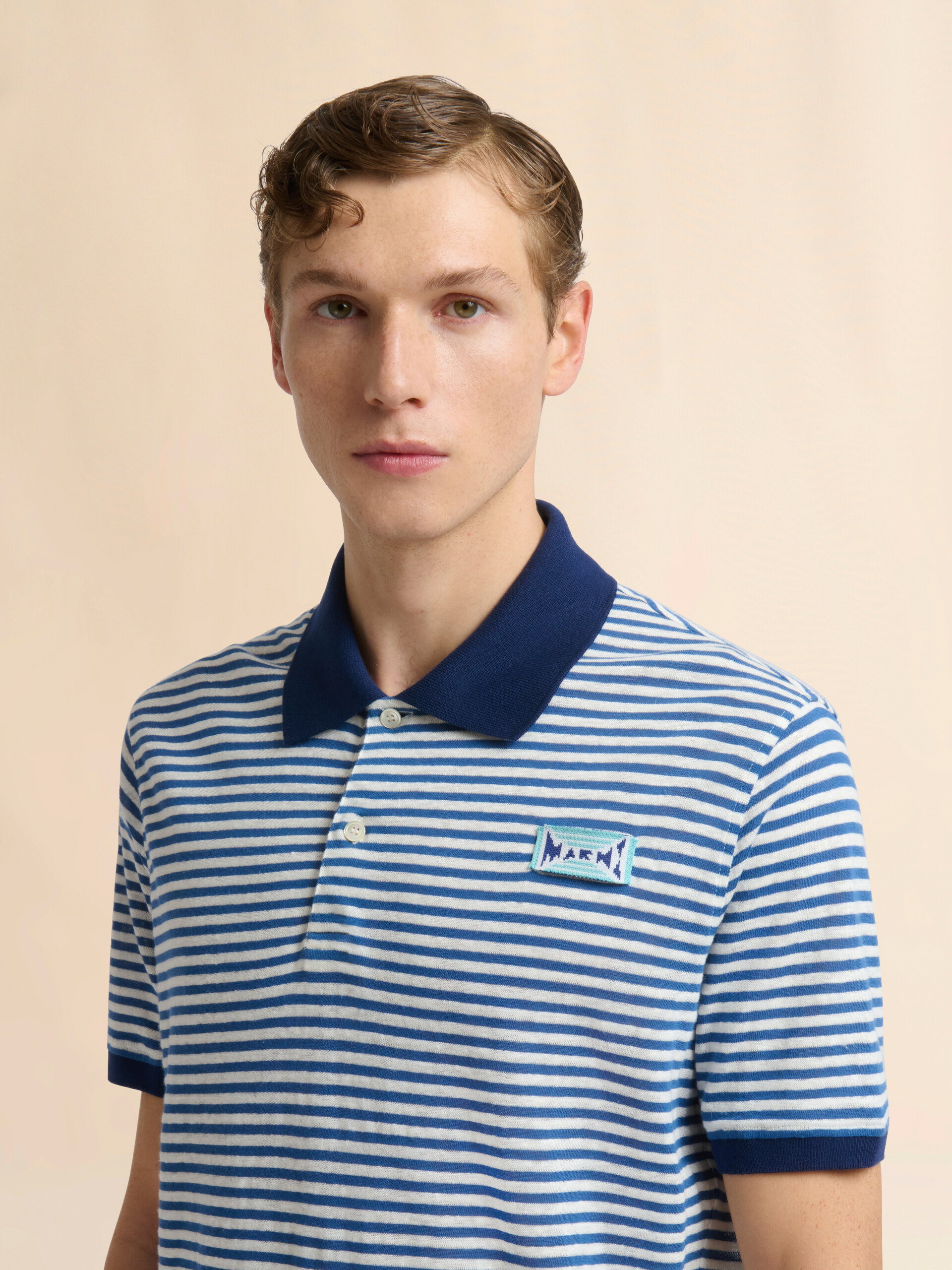 ブルー ストライプ入りリネンブレンドポロシャツ - シャツ - Image 4