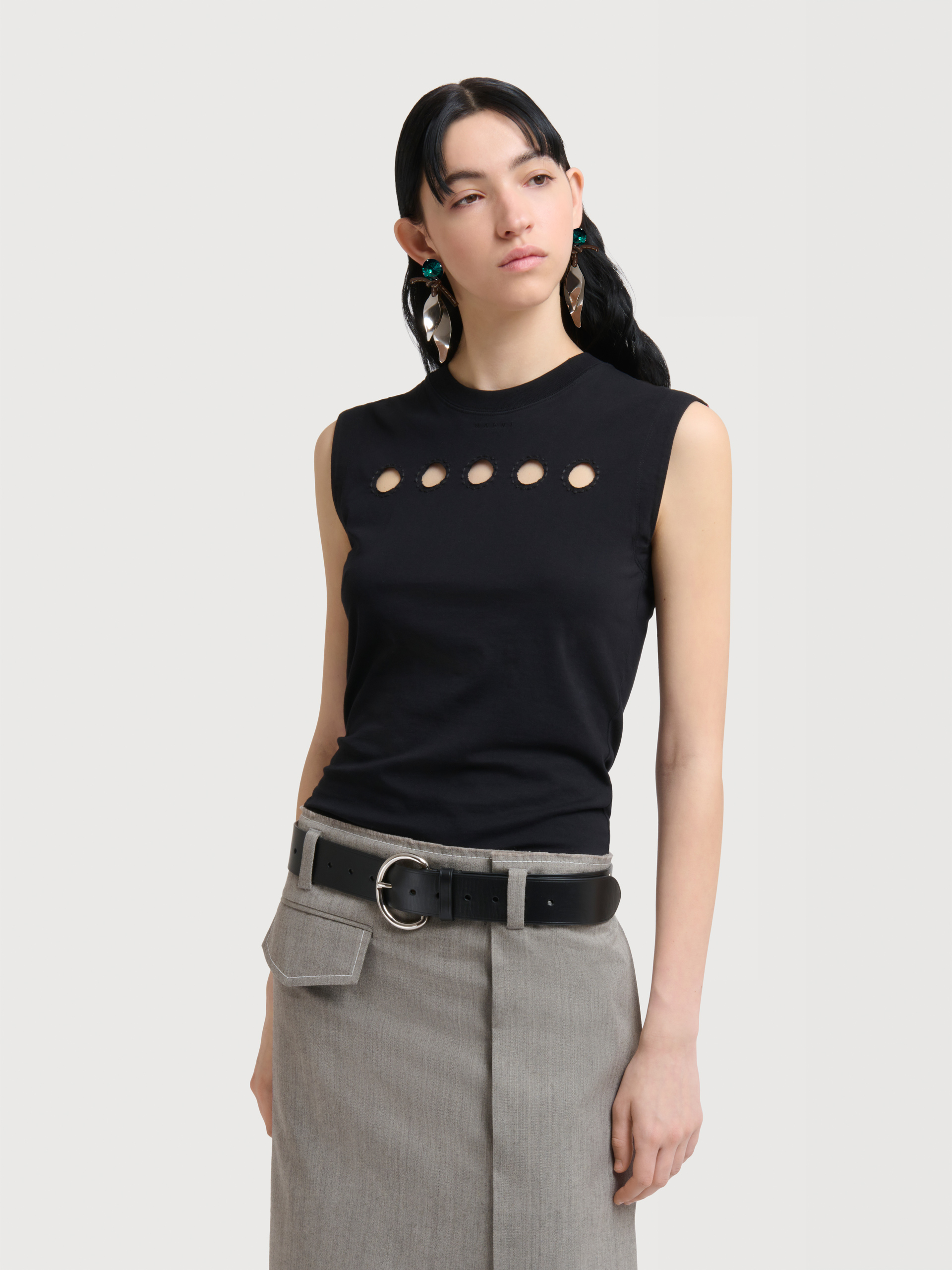 Black cotton sleeveless T-shirt with cut-out polka dots - T-shirts - Image 2