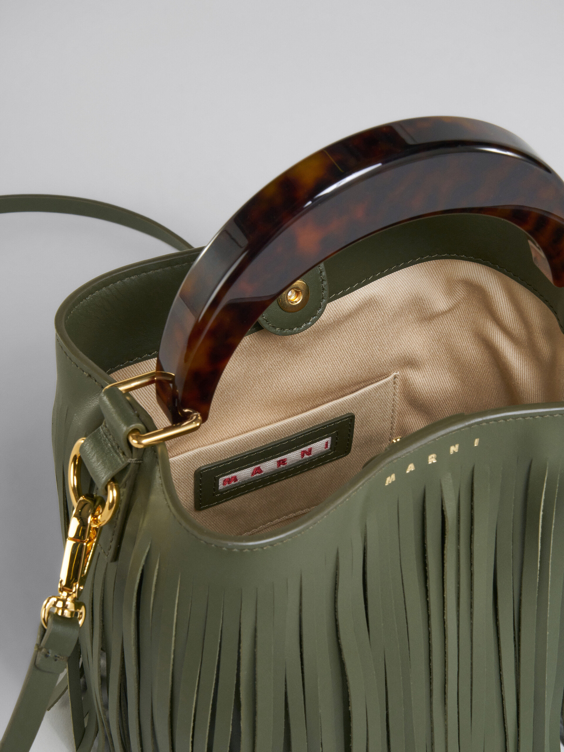 Venice Small Bucket in green leather with fringes - Shoulder Bags - Image 4