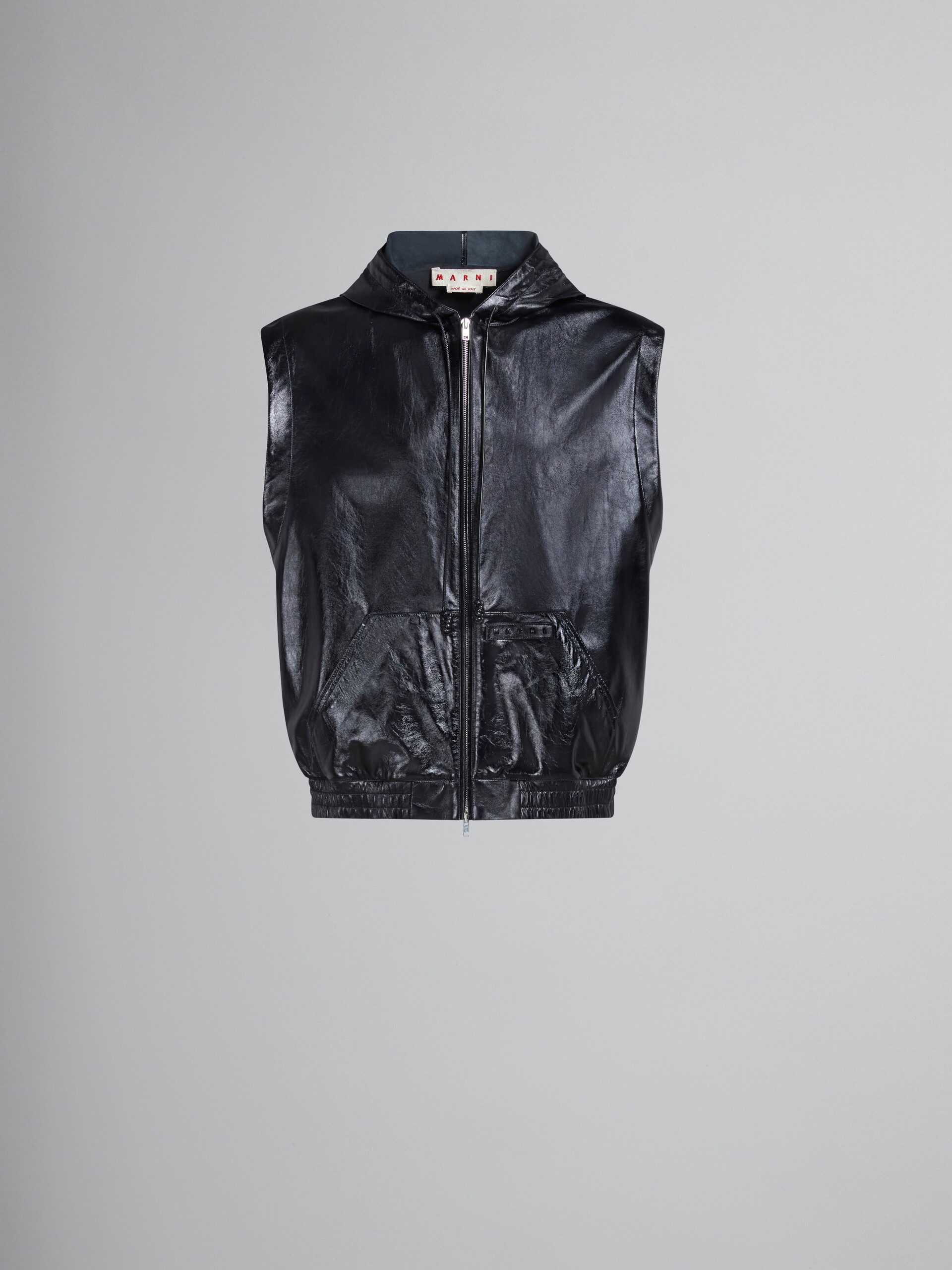 Black ultralight naplak leather vest with hood - Waistcoat - Image 1