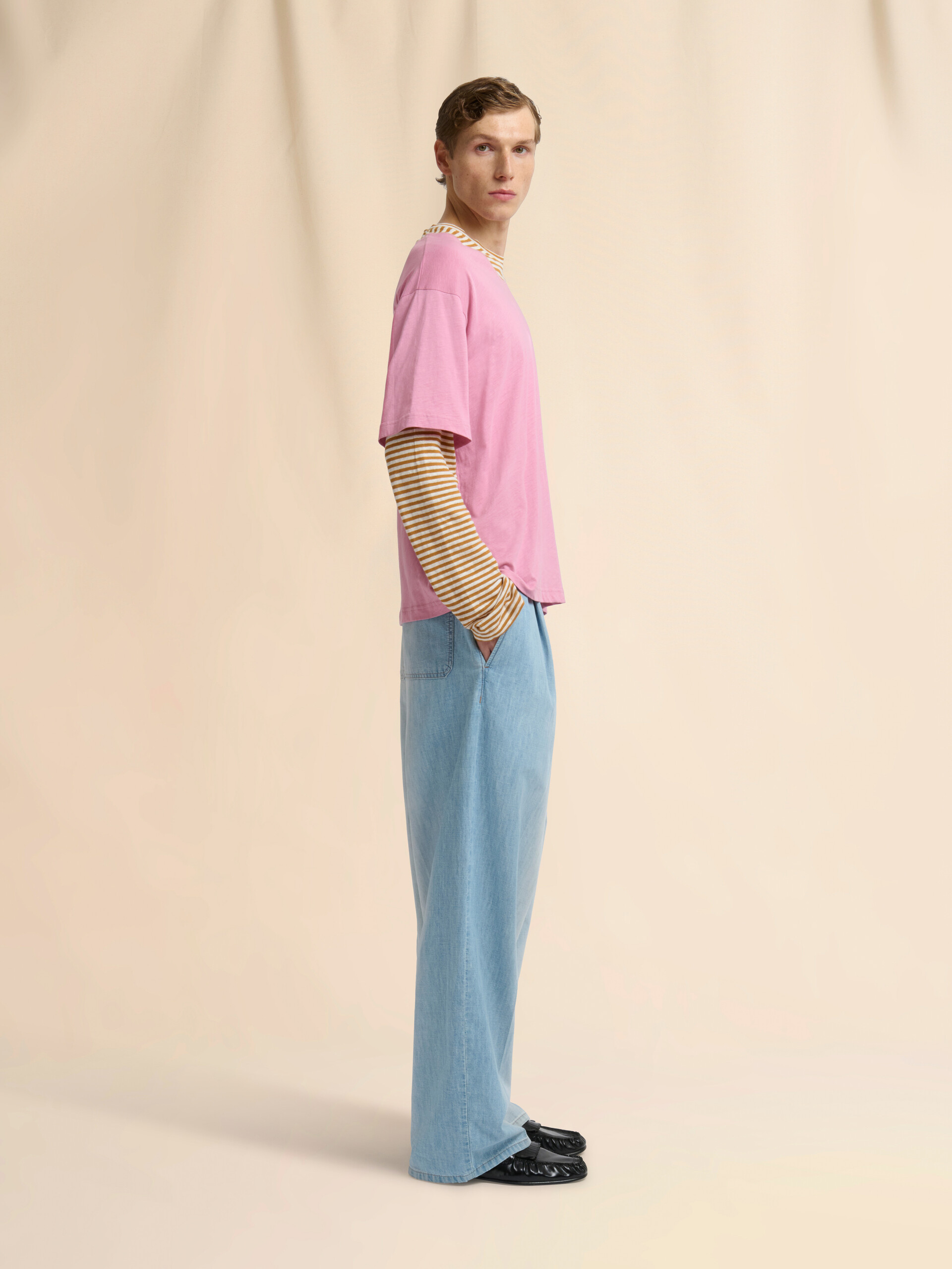 핑크 & 머스터드 레이어드 코튼 티셔츠 - 셔츠 - Image 5