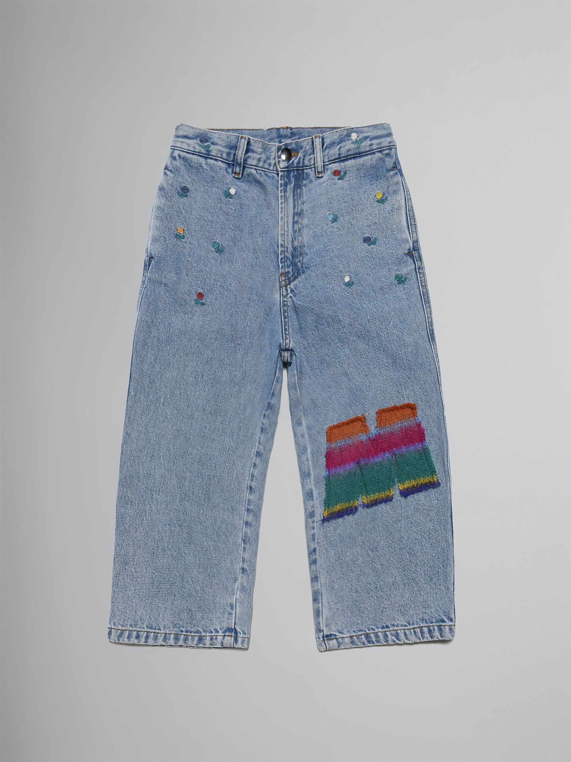 Light denim trousers with floral embroidery and patches - Pants - Image 1