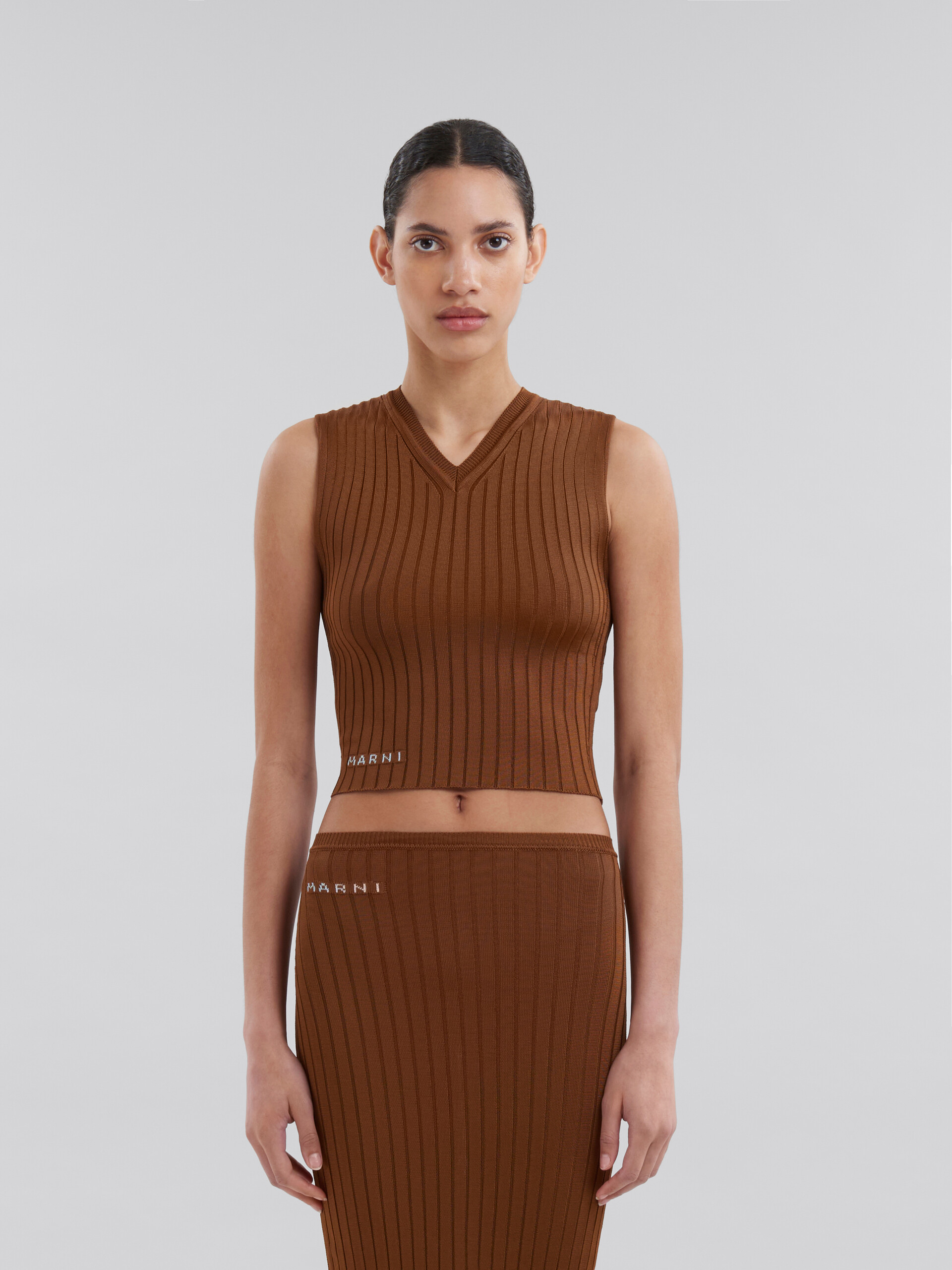 Brown ribbed viscose vest - Pullovers - Image 2