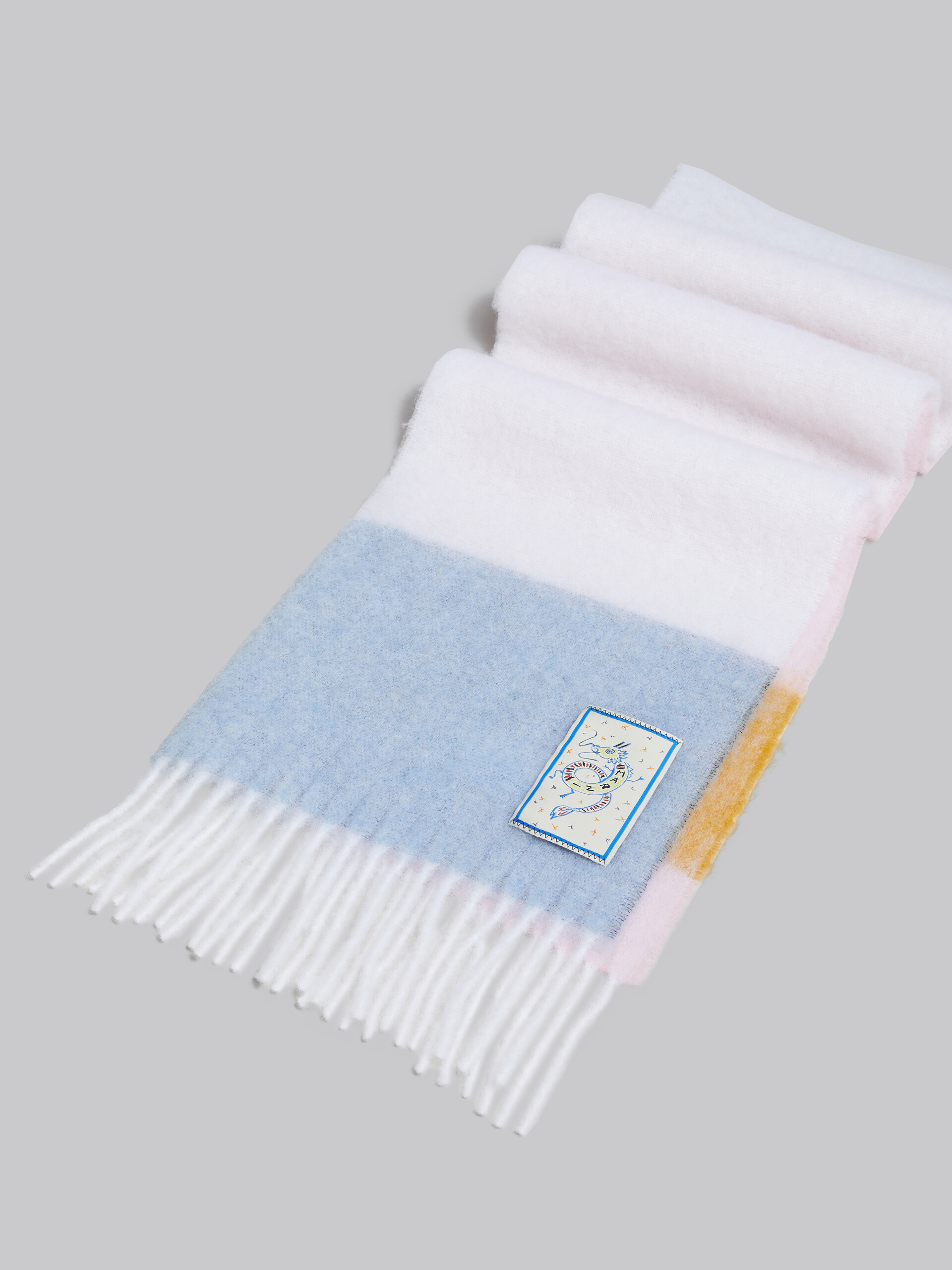 White blue and pink alpaca scarf with dragon patch - Scarves - Image 3