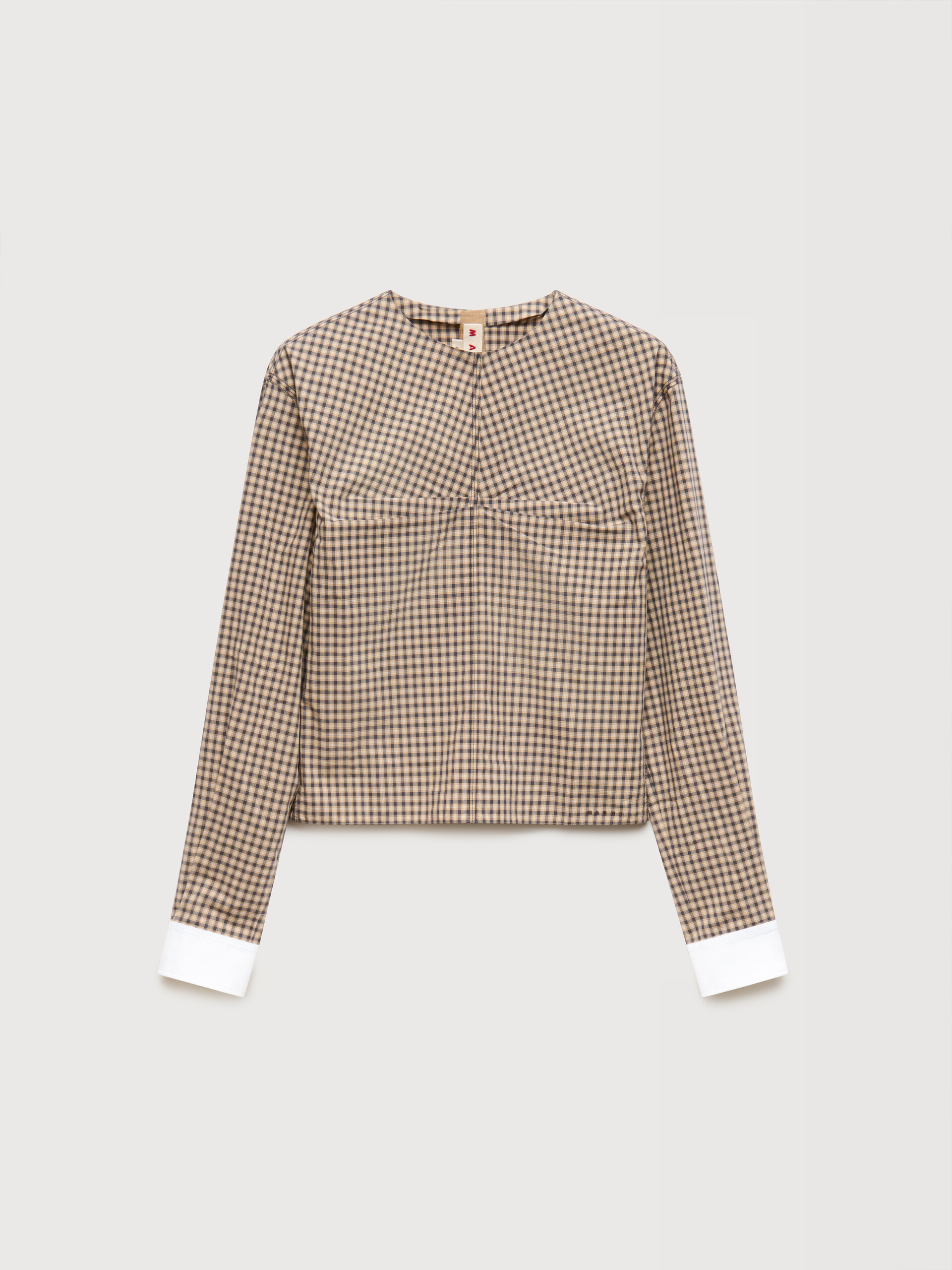 Brown checked poplin top with ruched front - Shirts - Image 1
