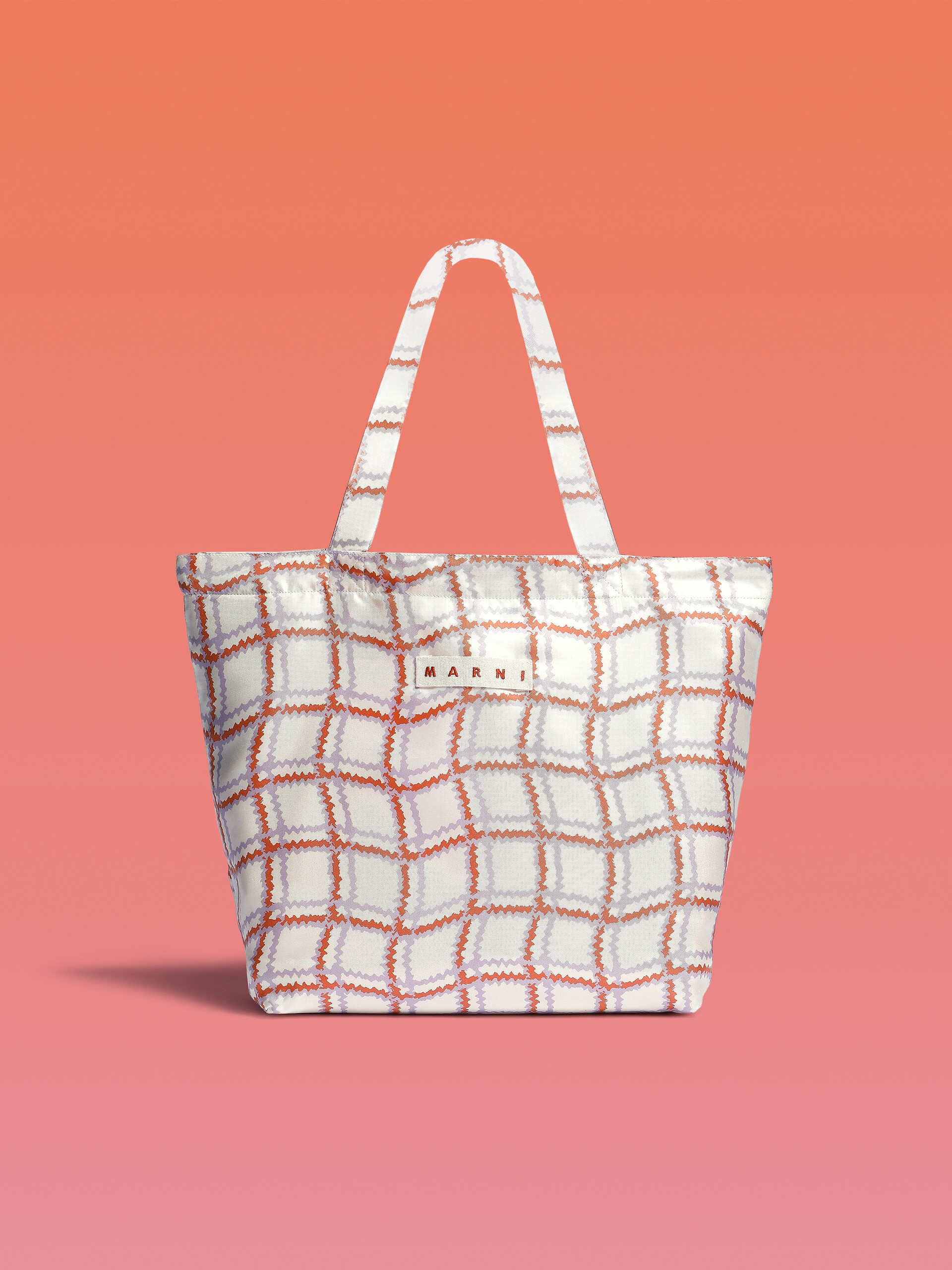White silk tote bag with archival check print - Bags - Image 1