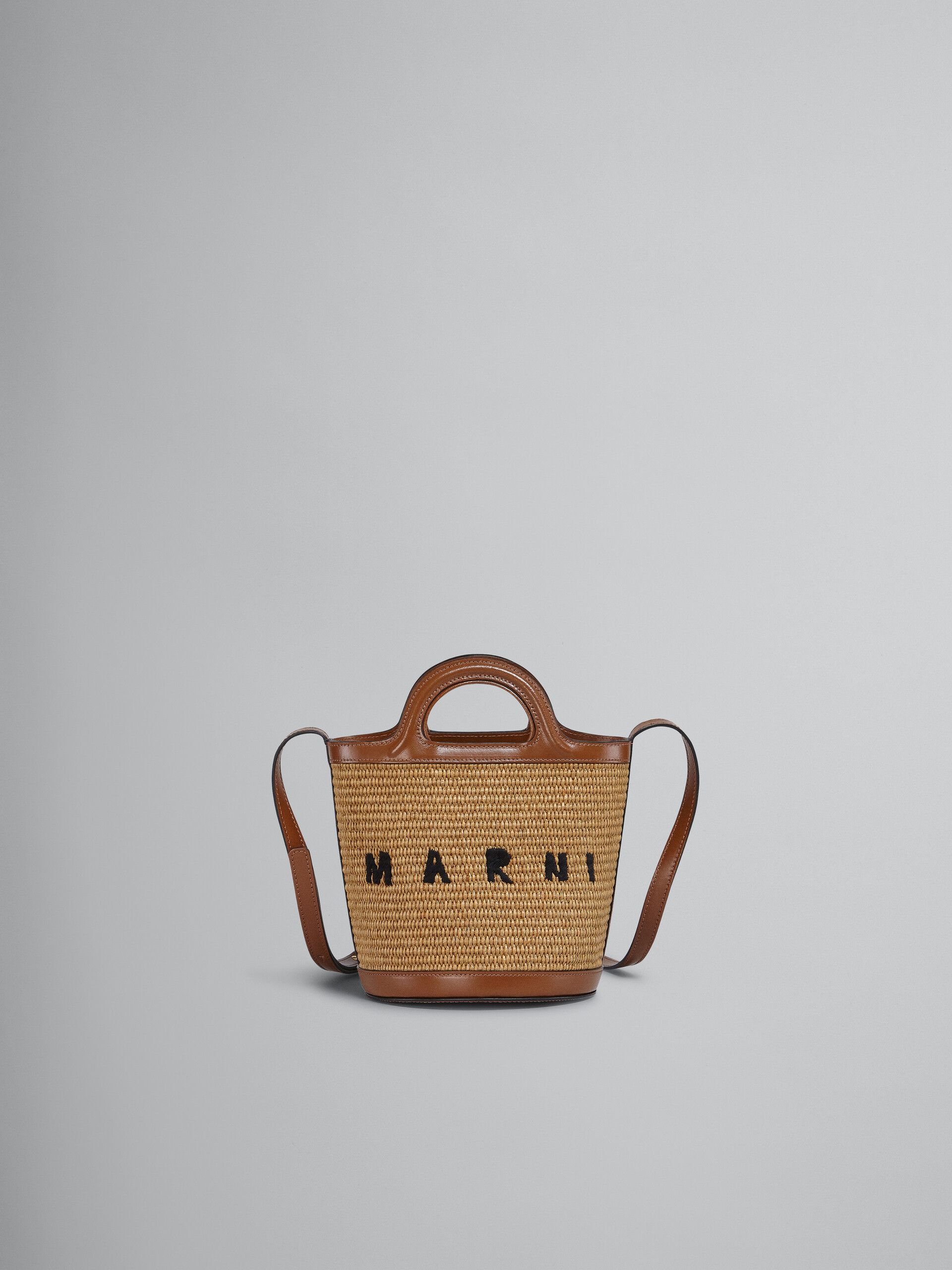 TROPICALIA mini bucket bag in brown leather and raffia - Shoulder Bags - Image 1