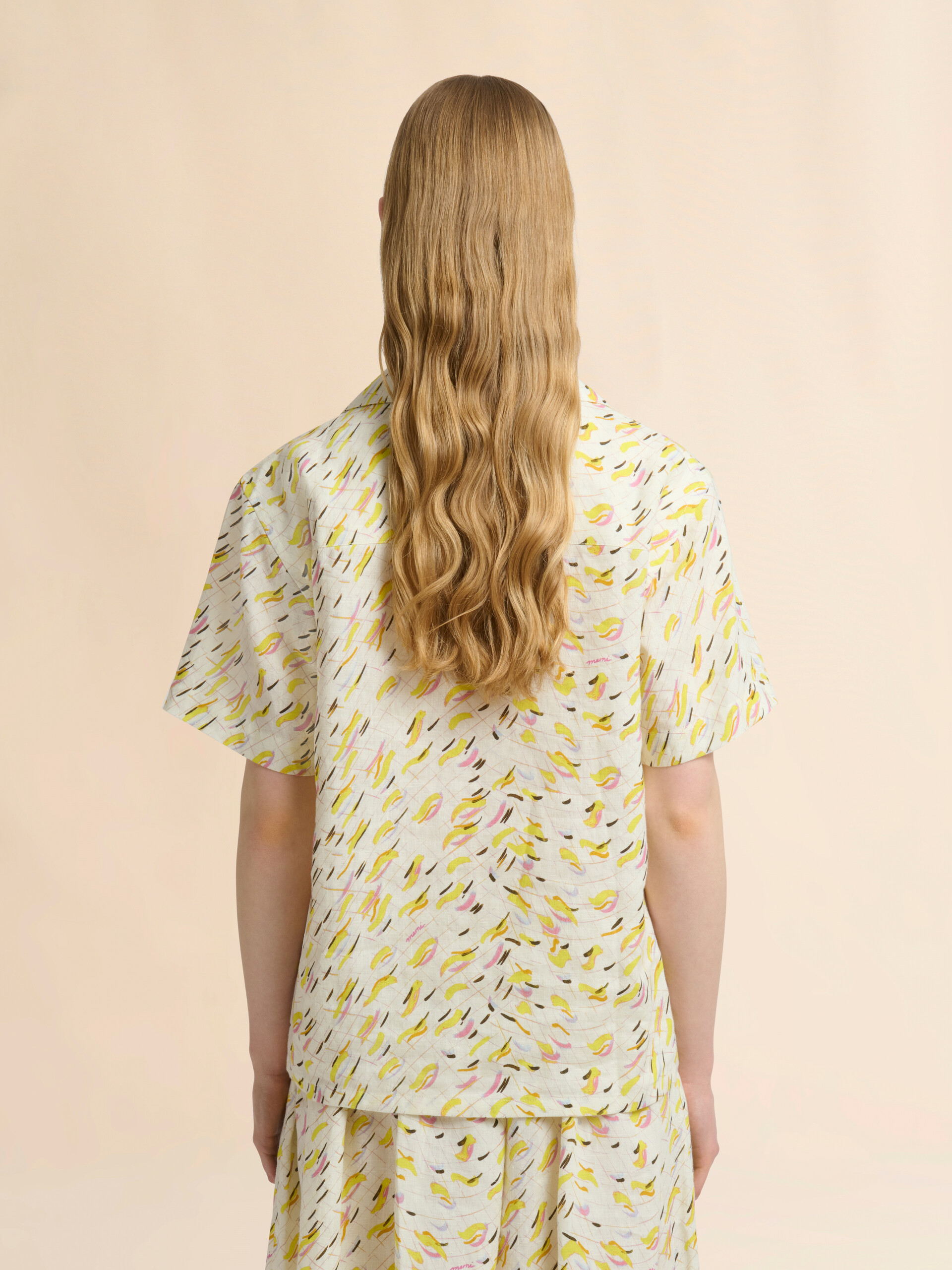 Yellow linen shirt with Brushstroke Wave print - Shirts - Image 3