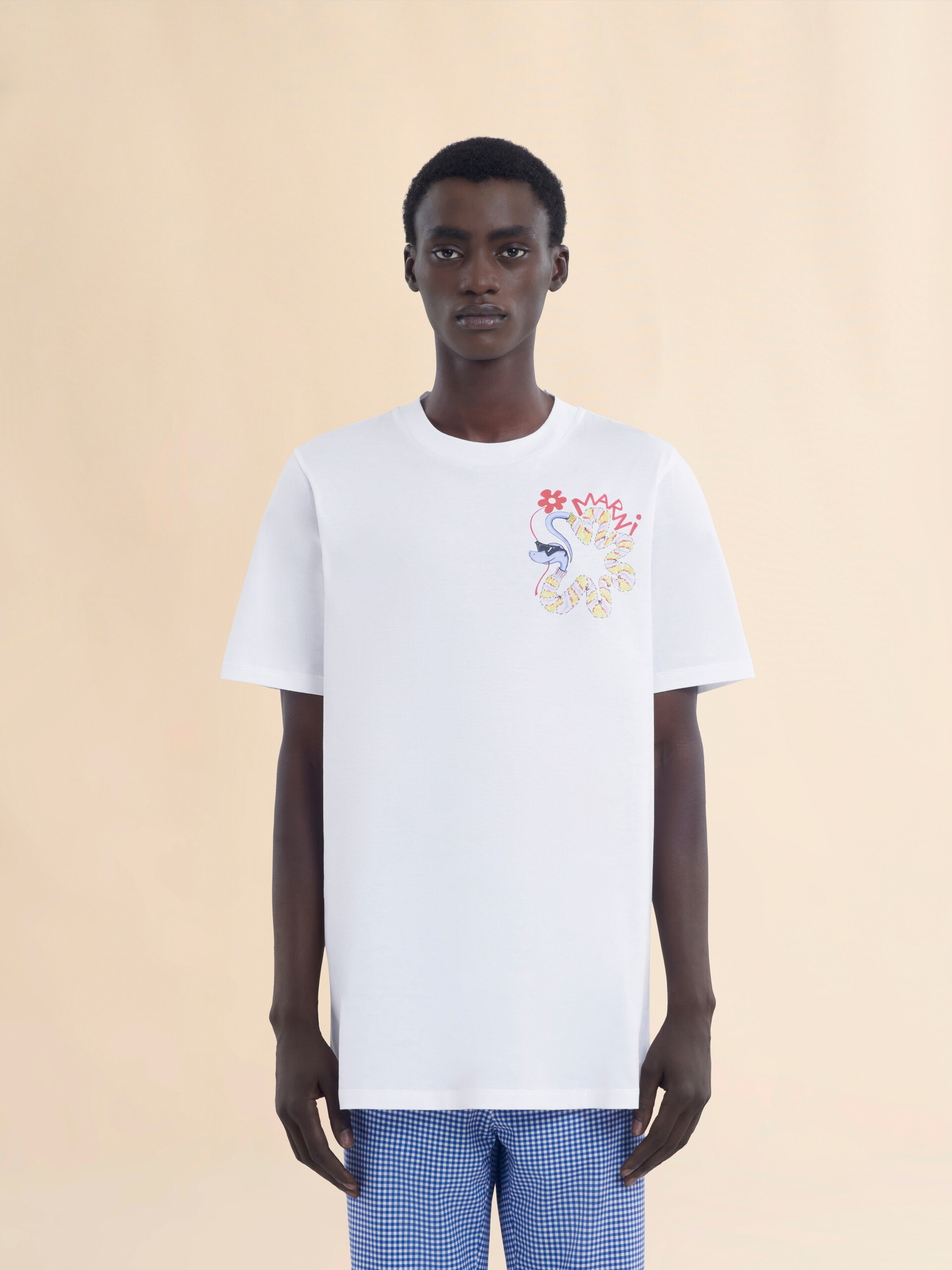 White cotton T-shirt with snake print - Shirts - Image 2