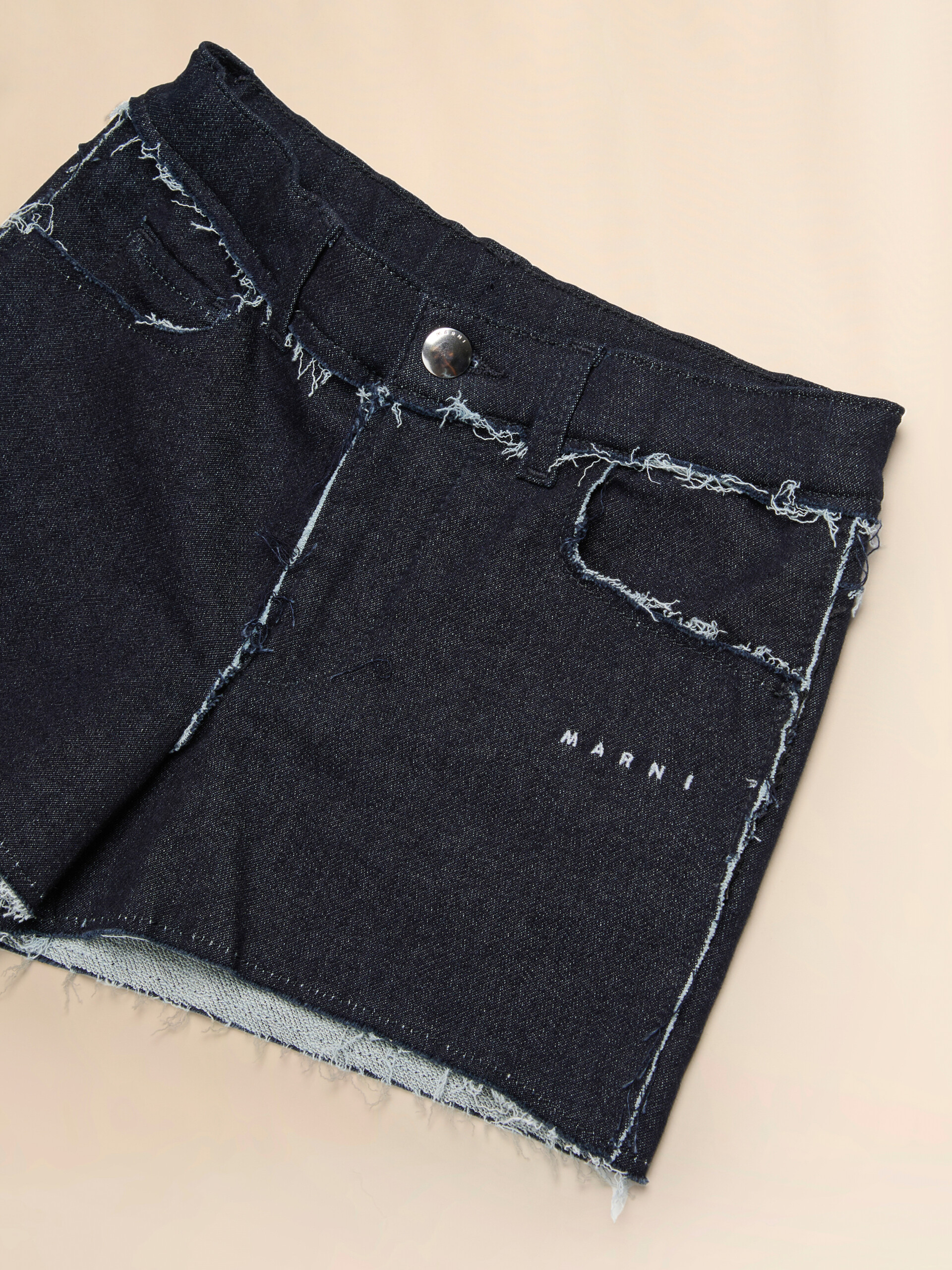 Deep blue stretch denim shorts with raw-cut edges - Pants - Image 3