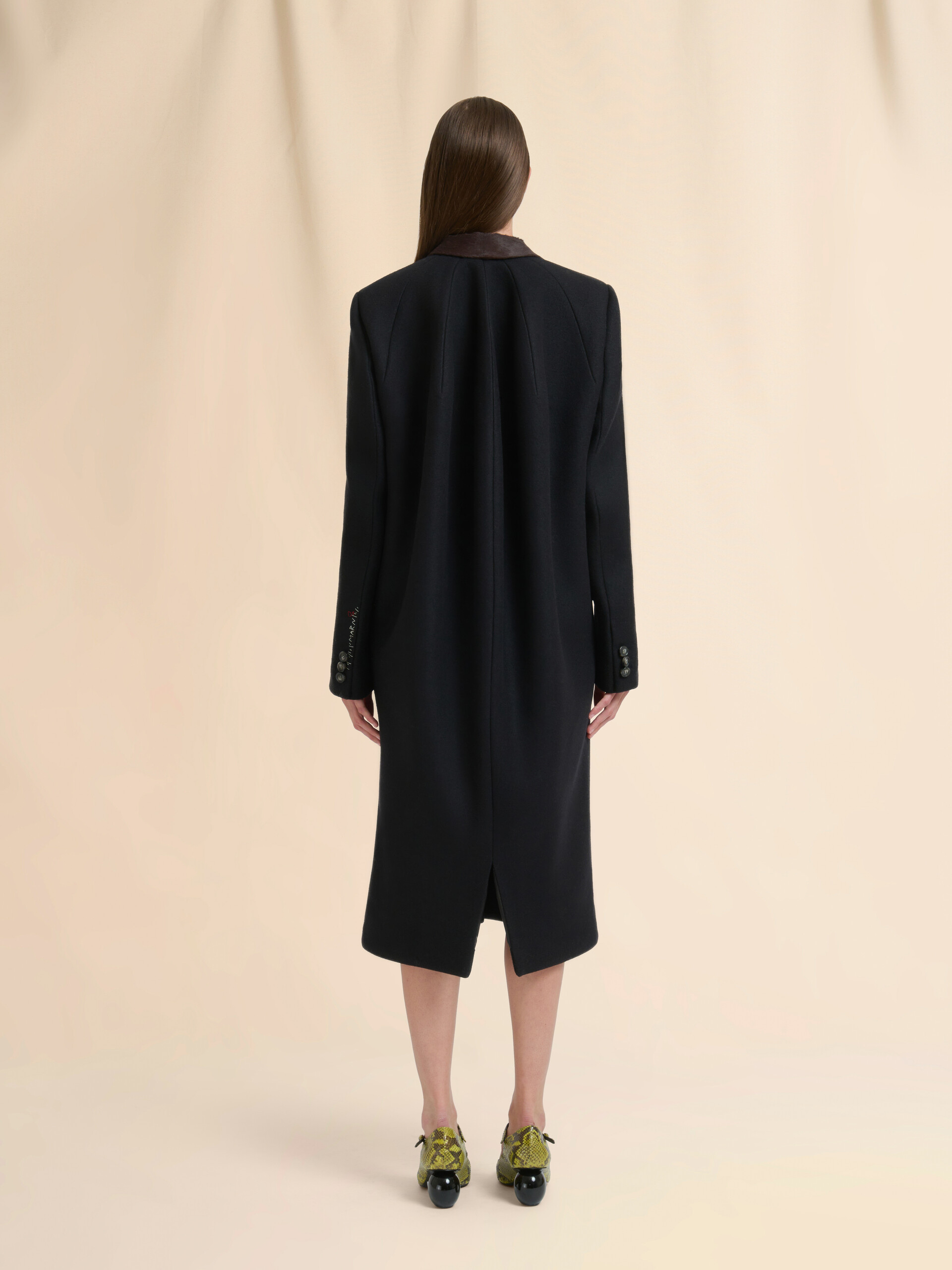 Black wool felt coat with leather details - Coats - Image 3