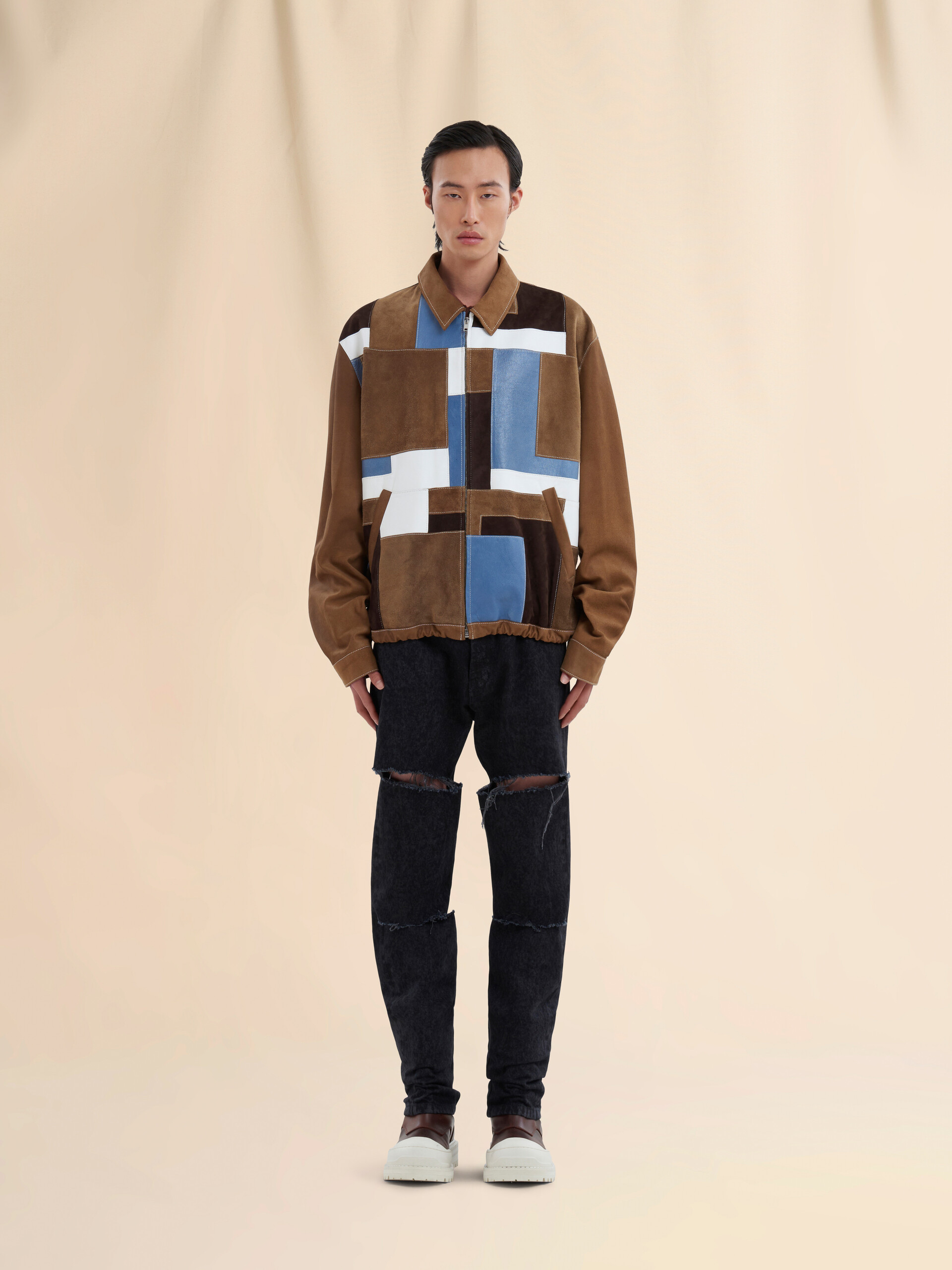 브라운 스웨이드 및 가죽 패치워크 재킷 - Jackets - Image 2
