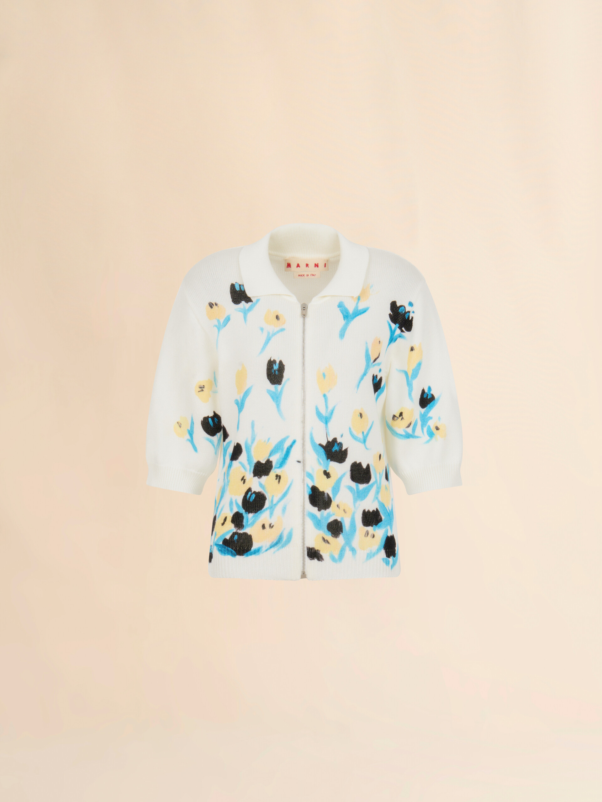 Cream cotton zip cardigan with floral print - Pullovers - Image 1