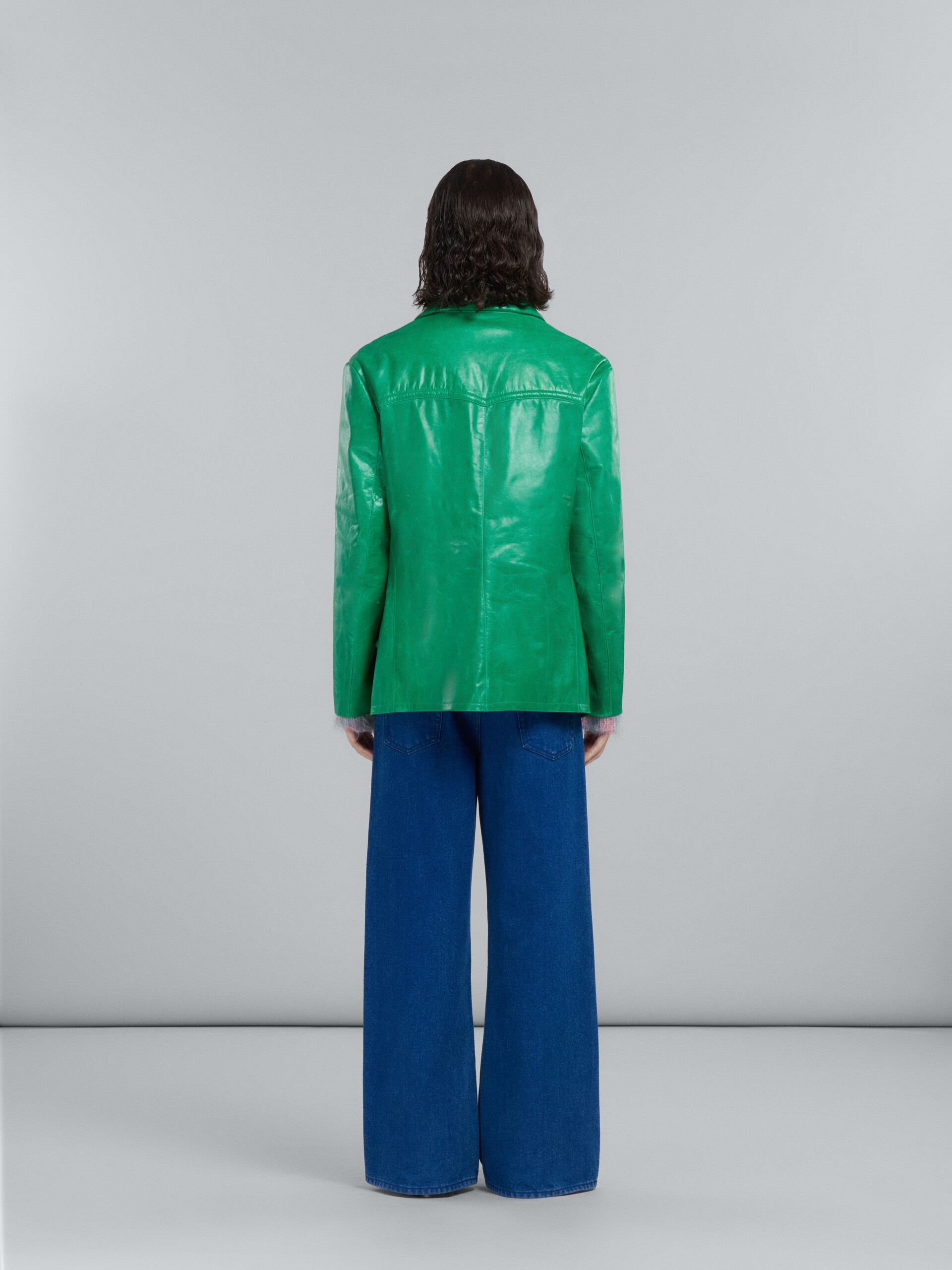 Double-breasted jacket in shiny green leather - Coat - Image 3